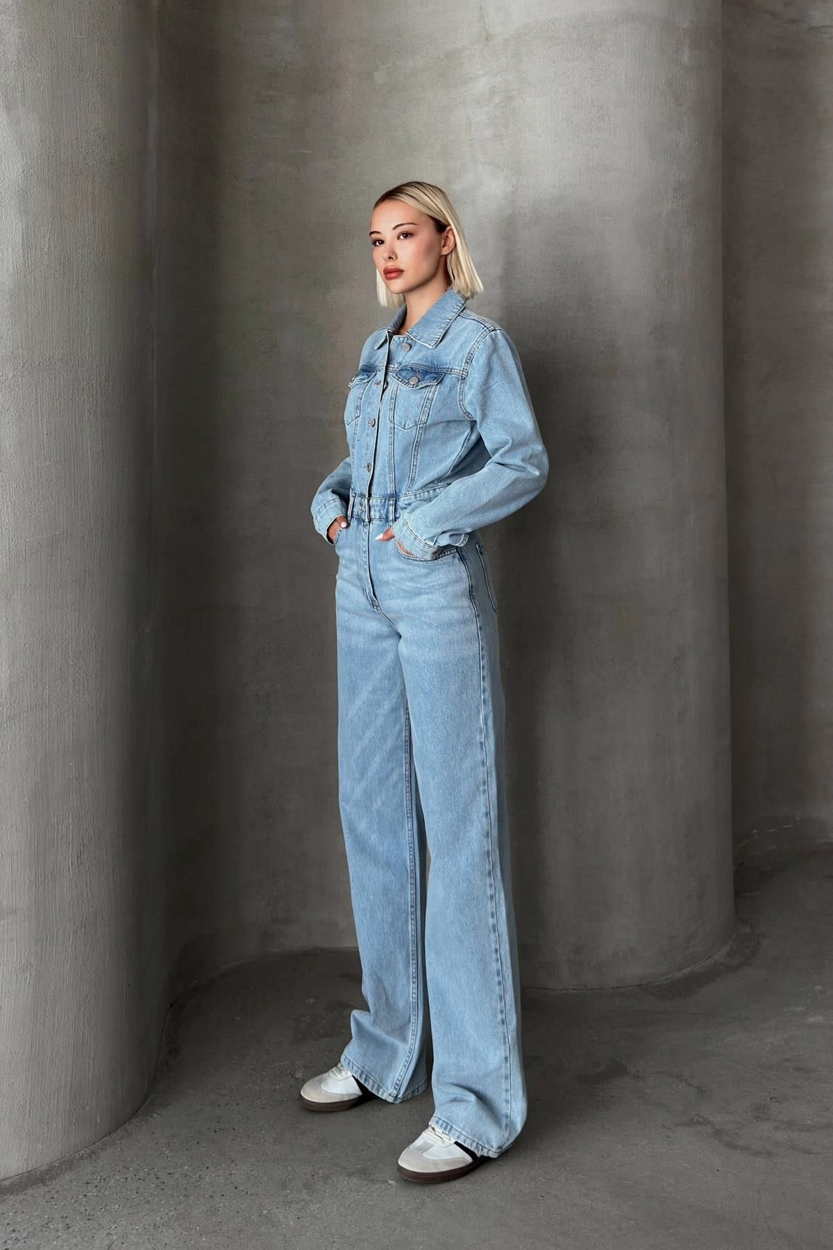 Olcay-Light Blue Denim Overalls - Shirt Collar, Buttoned - 9248 5