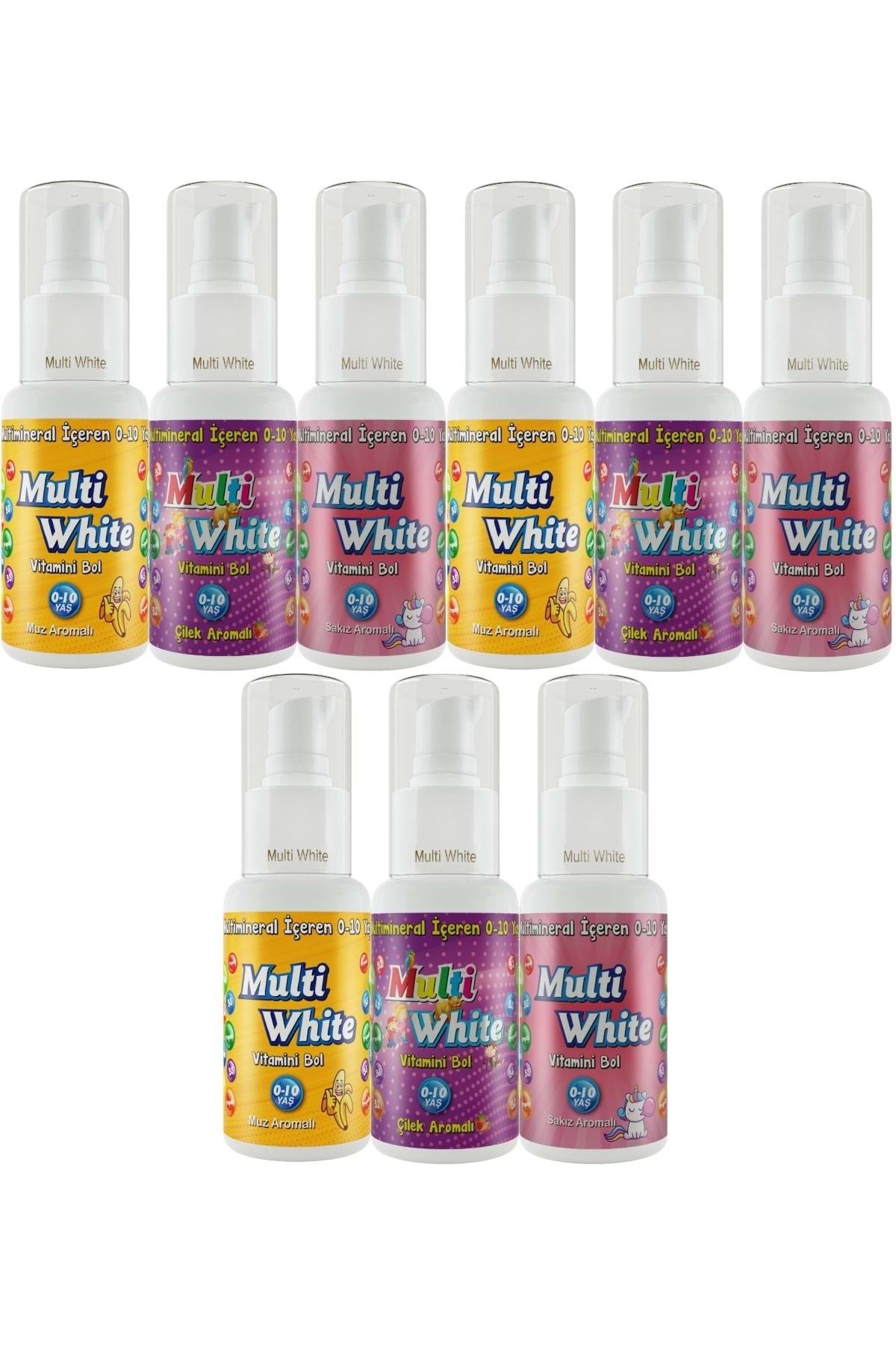 Multi White Diş Macunu 50ML Karma Muz-Çilek-Sakız Aromalı Bol Vitaminli (0-10 Yaş) (9 Lu Set)