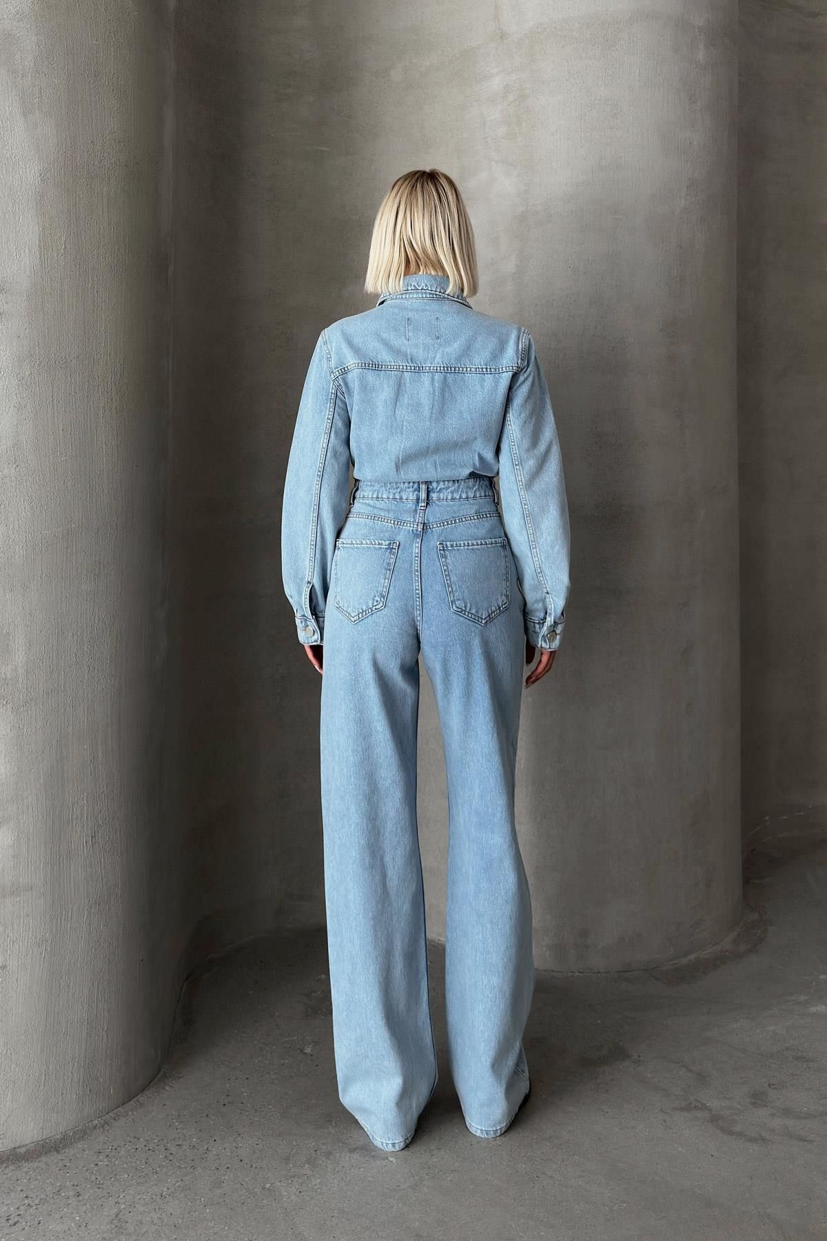 Olcay-Light Blue Denim Overalls - Shirt Collar, Buttoned - 9248 6