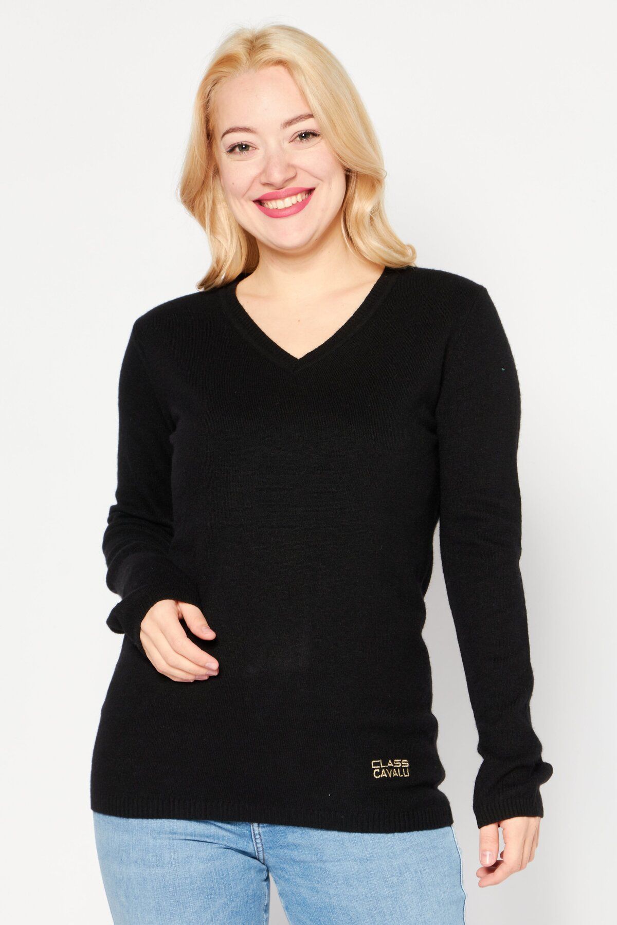 Cavalli Class-Women V-Neck Long Sleeve Knitted Sweater, Black 1