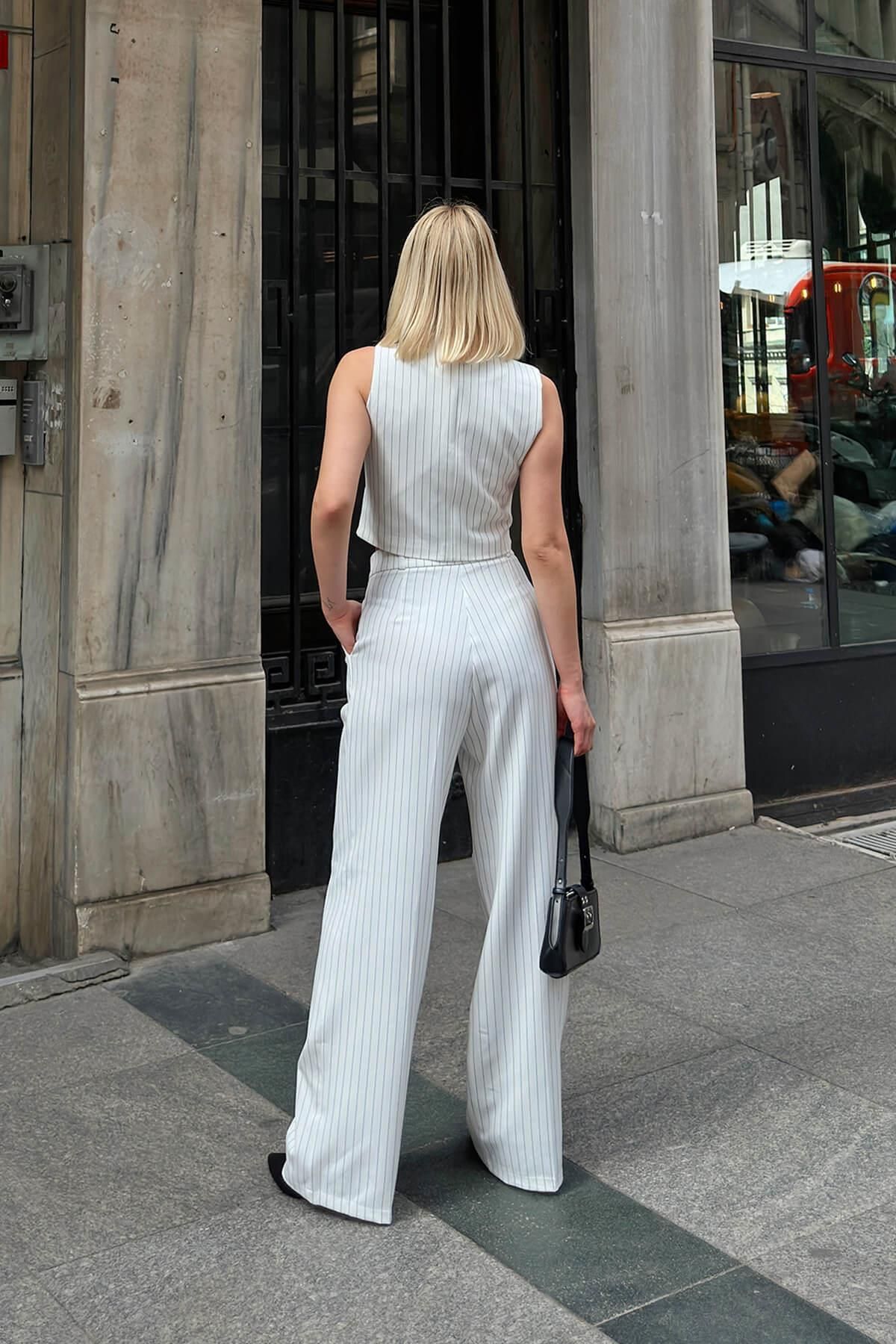 Swist-White Massi Striped Buttoned Vest-Pleated Palazzo Pants Women's Bottom-Top Set 5