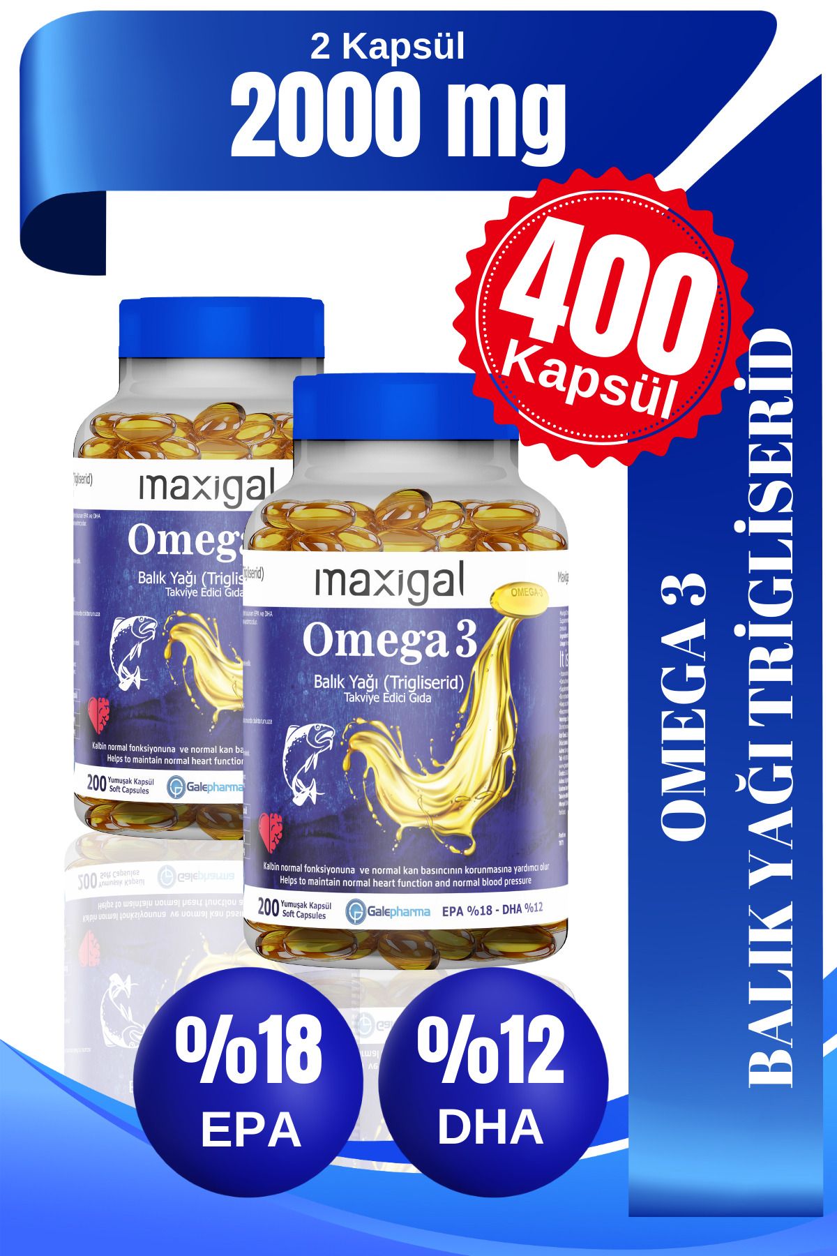 Maxigal Omega 3 Balık Yağı 2000 Mg 200 Kapsül 2'li Paket