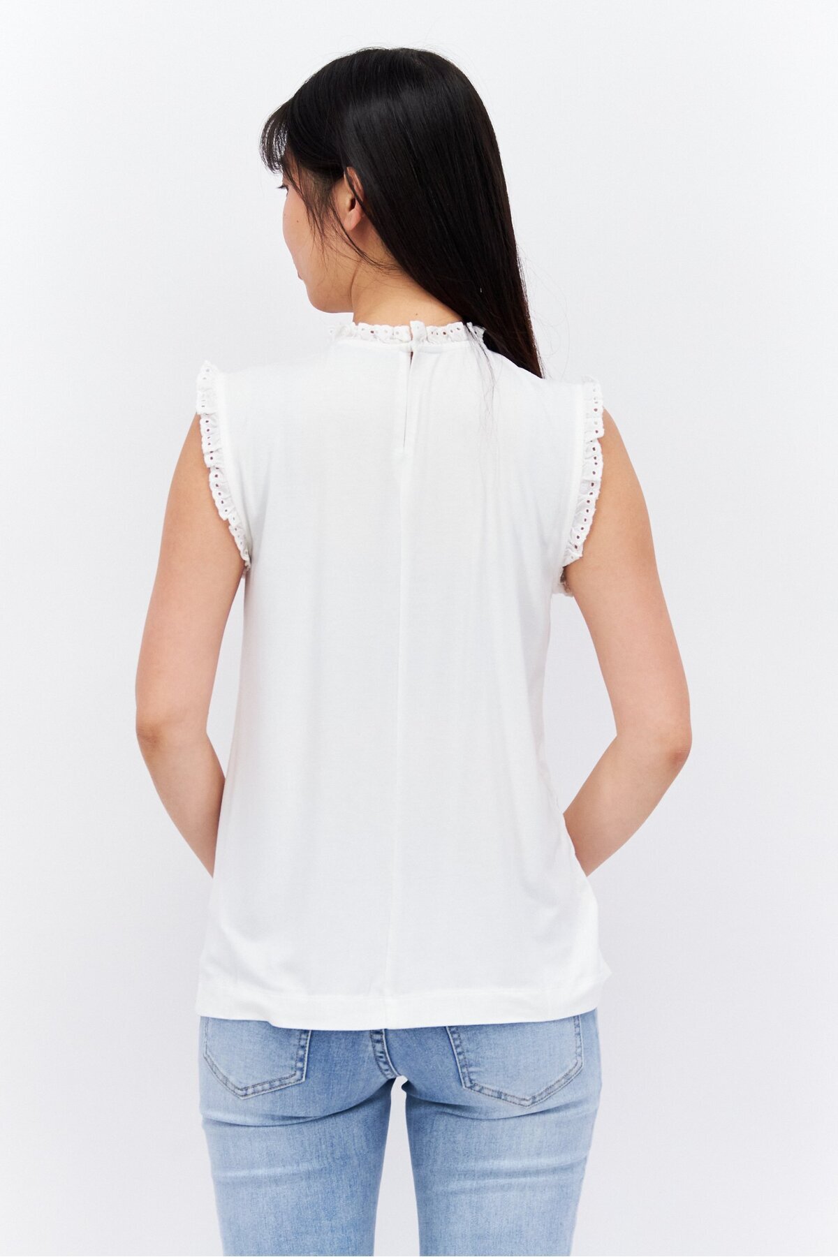 Esprit-Women Ruffle Neck Sleeveless Solid Top, White 3