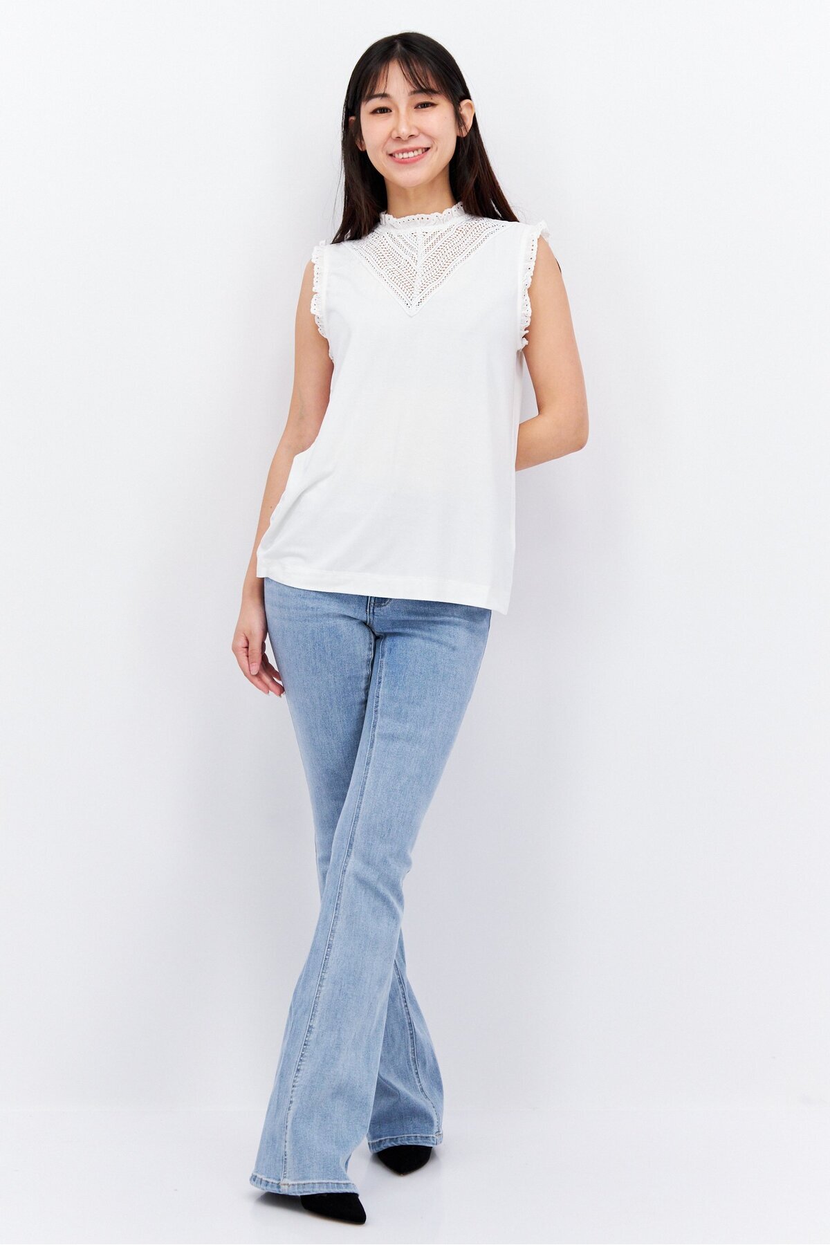 Esprit-Women Ruffle Neck Sleeveless Solid Top, White 4