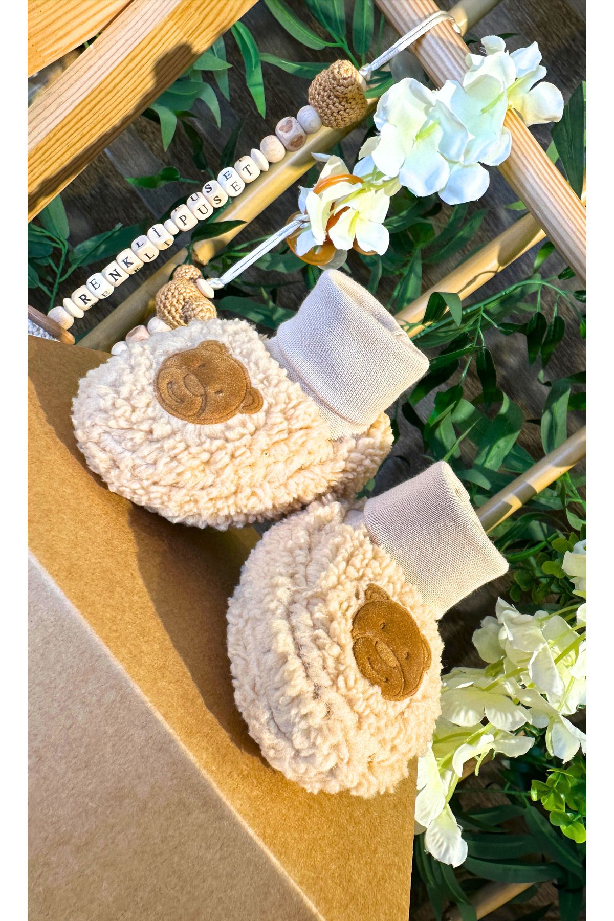 Renkli Puset-Newborn Plush Fleece Baby Booties Suede Teddy Bear 3