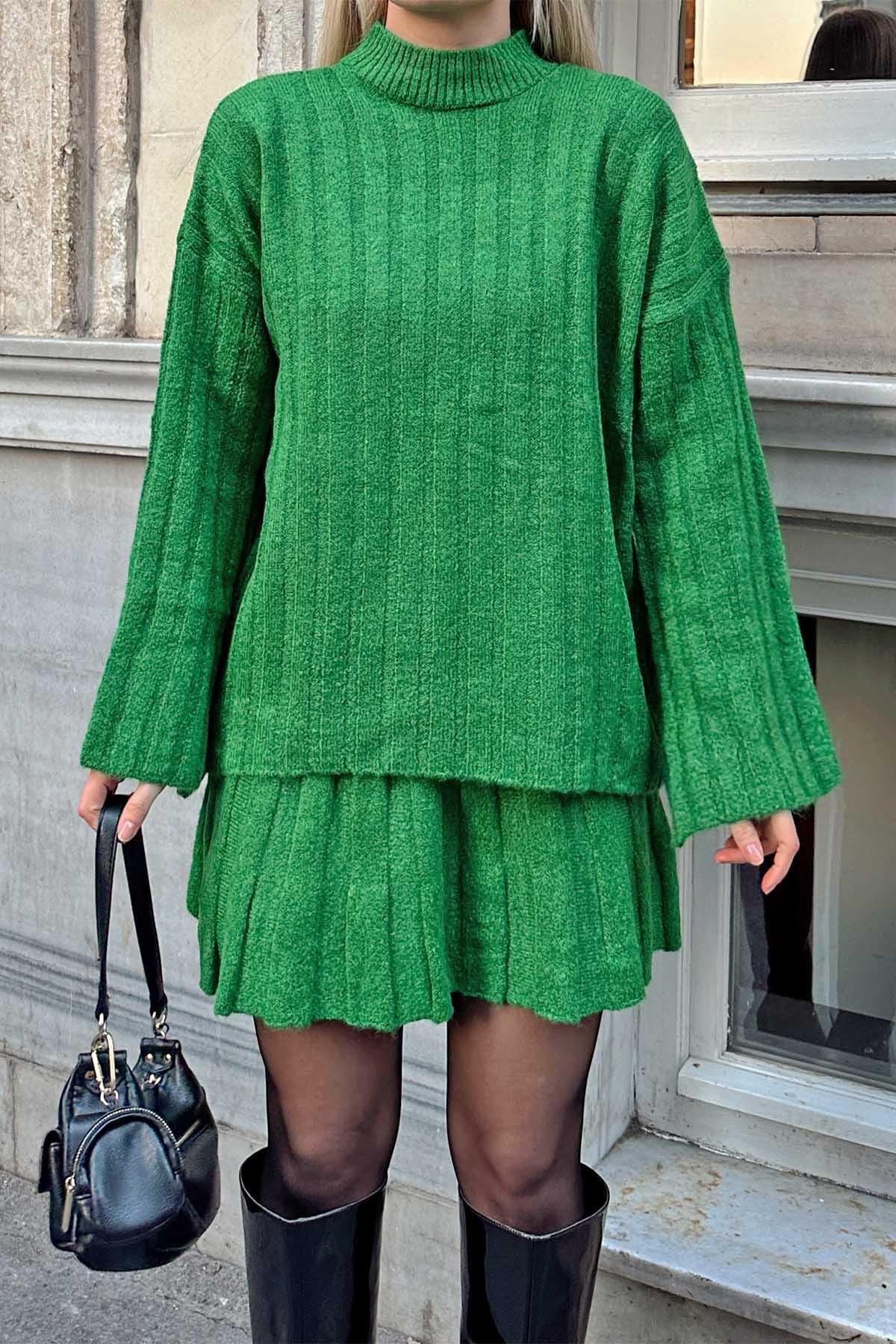 Swist-Green Crew Neck Sweater-Skirt Bottom-Top Women's Knitwear Set 4