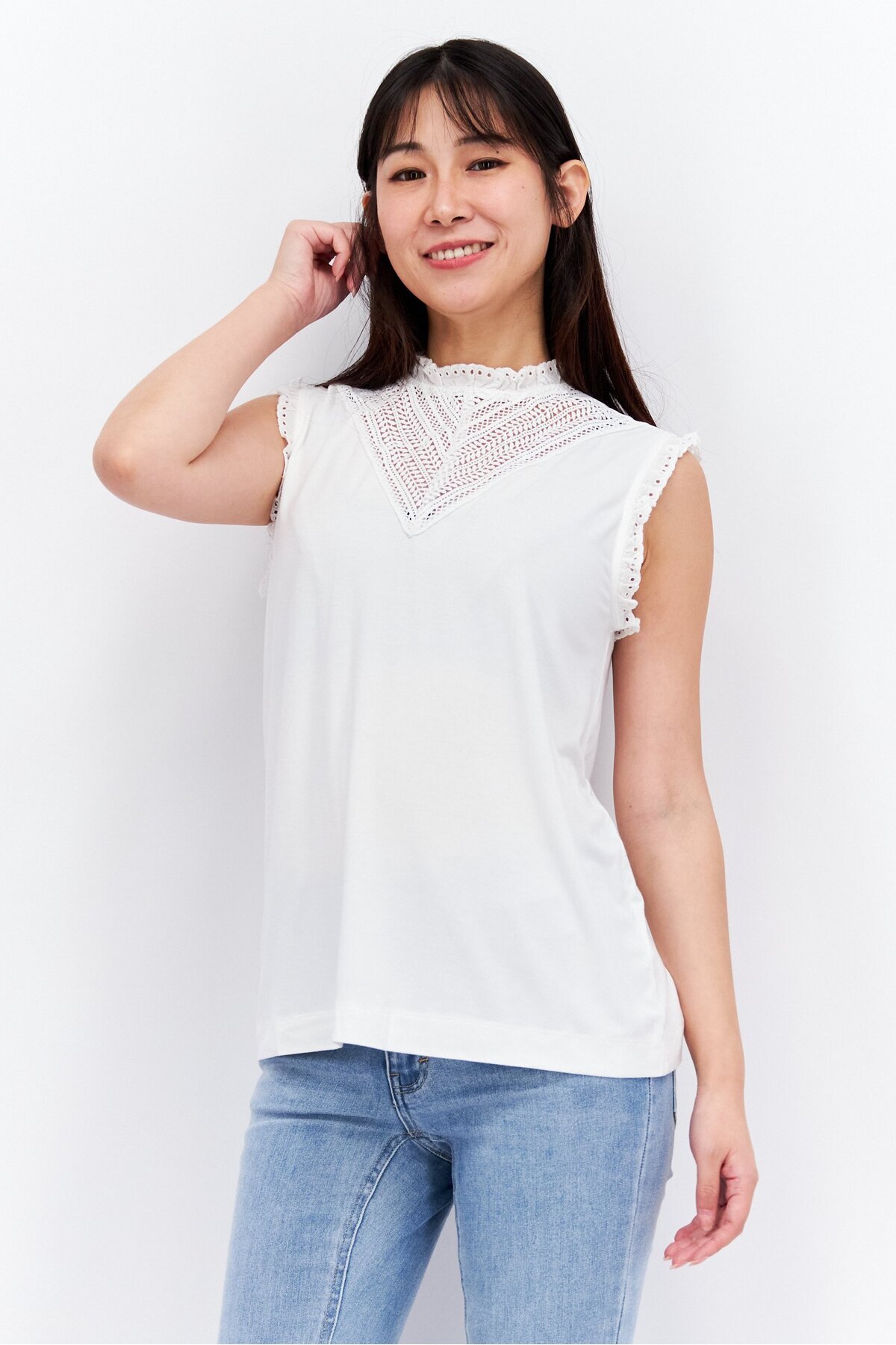 Esprit-Women Ruffle Neck Sleeveless Solid Top, White 1