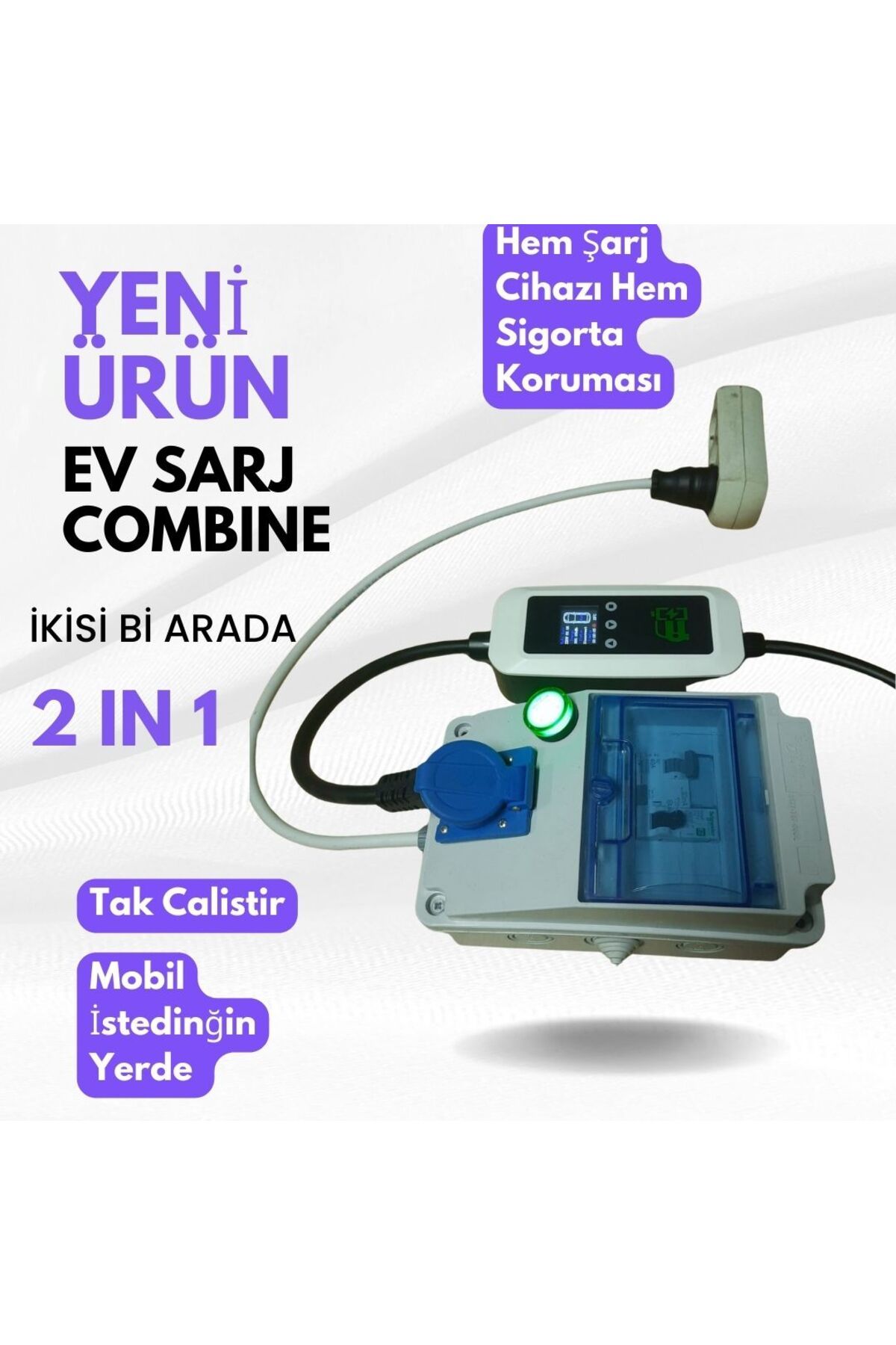 ReparAuto Elektrikli Araç Şarj Cihazı Ve Sigorta Kutusu 7 Kw Ev Tipi Mobil Seyyar 5 Metre Kablolu