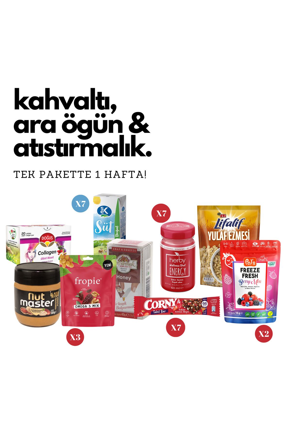 Eti Kahvaltı Paketi & 1 Haftalık Sağlıklı Paket & Yulaf ezmesi, Energy shot, Yerfıstığı ezmesi...