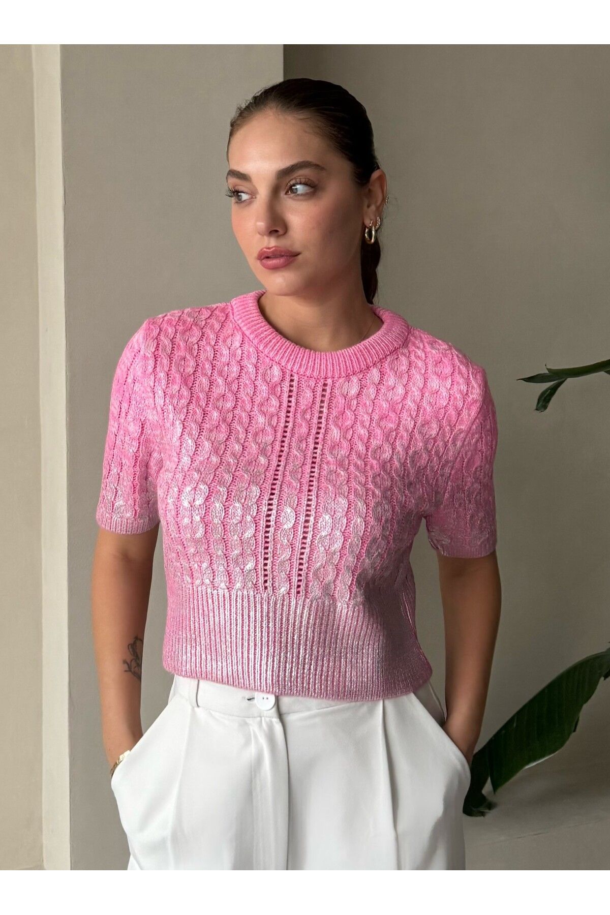 Laluvia-Pink Braided Leaf Short Sleeve Knitwear Sweater-4225 1