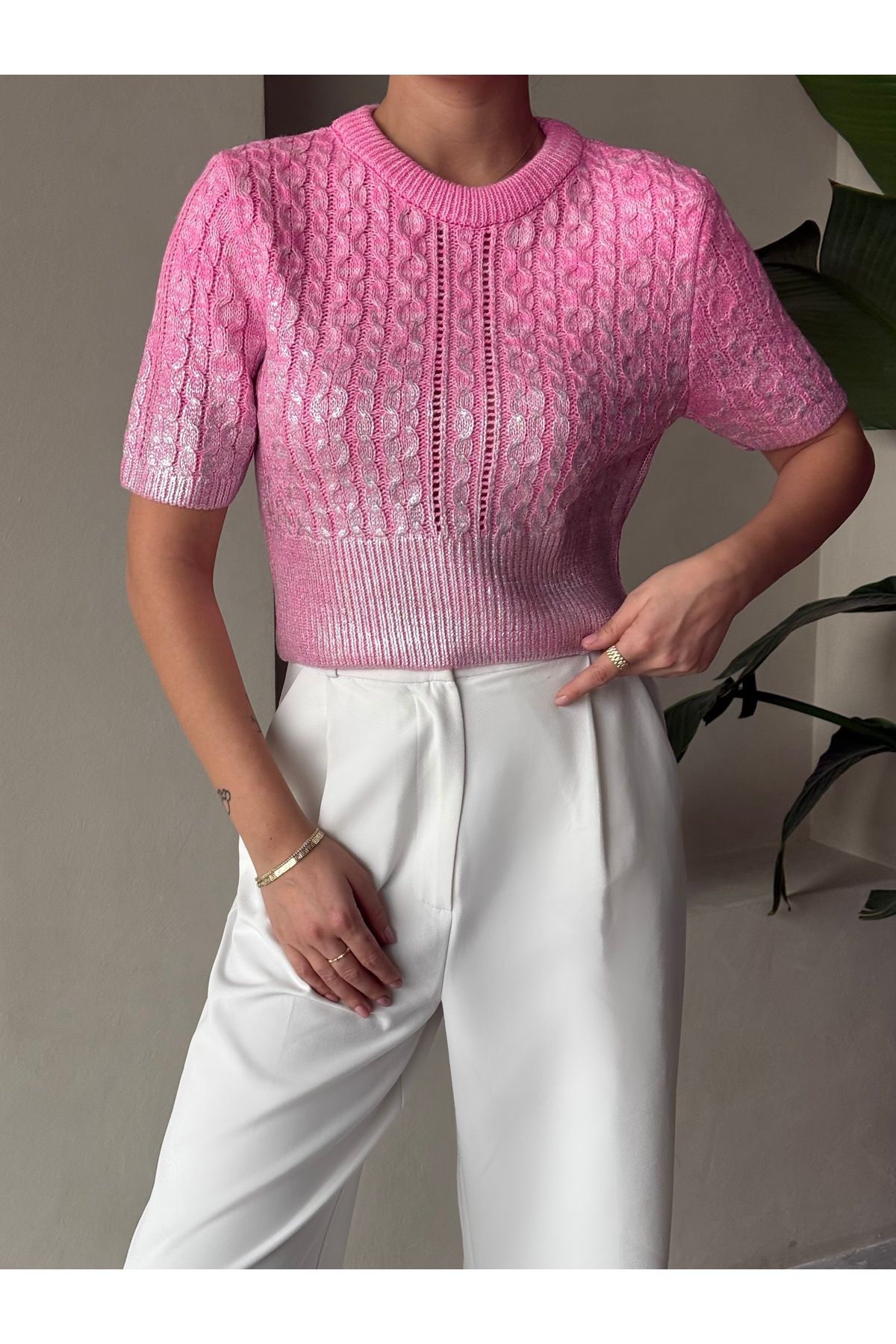 Laluvia-Pink Braided Leaf Short Sleeve Knitwear Sweater-4225 2