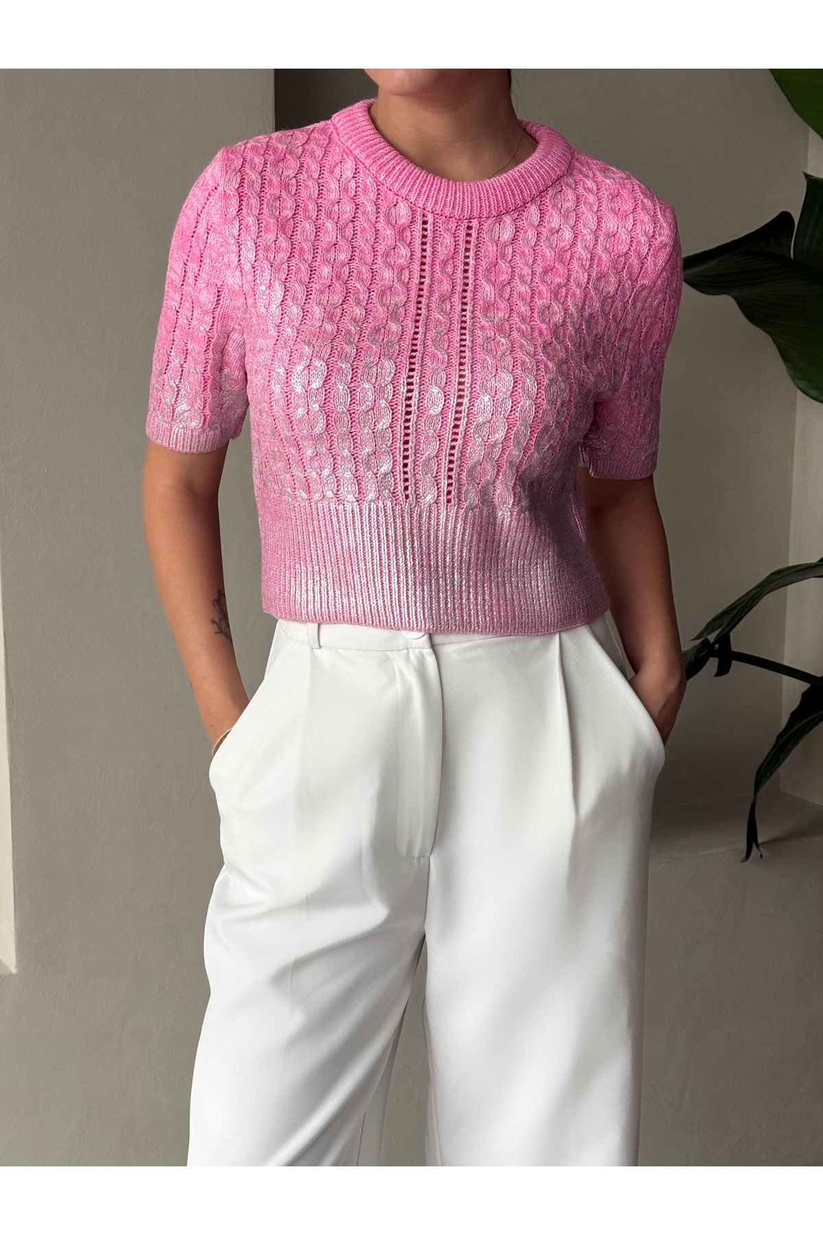 Laluvia-Pink Braided Leaf Short Sleeve Knitwear Sweater-4225 6