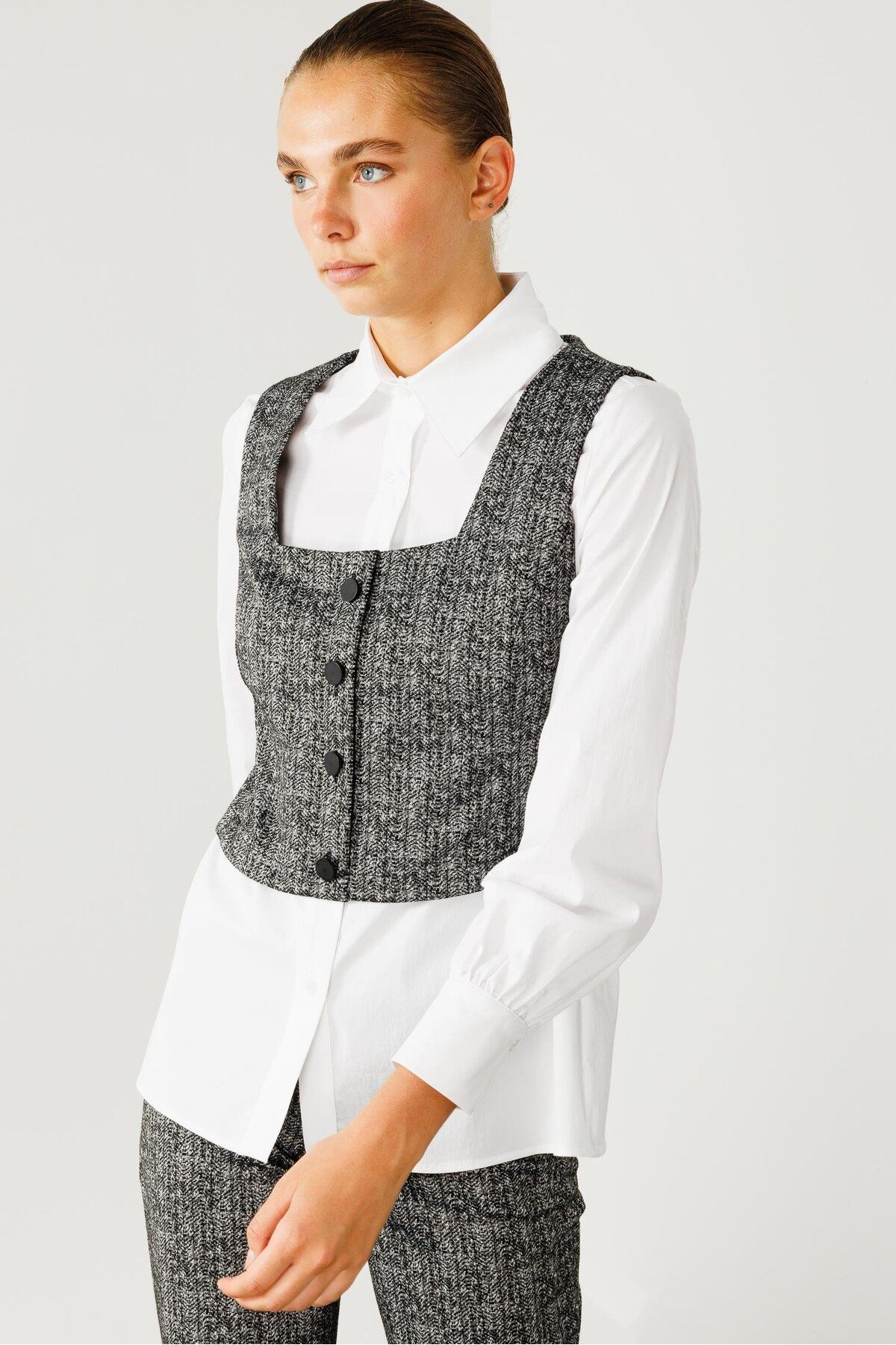 Moda İlgi-Modailgi Crop Yelekli Gömlek Takım Antrasit 2