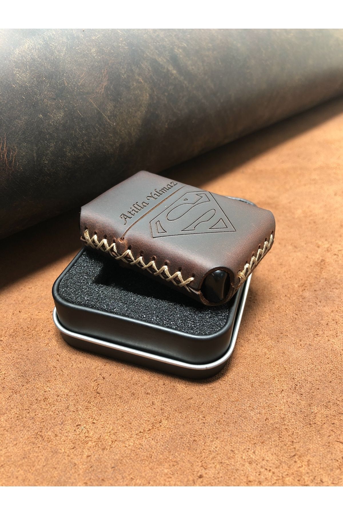 overcraft Leather Handmade El Yapımı Hakiki Deri Zippo Çakmak Benzinli İSİM ŞEKİL LOGO YAZILIR