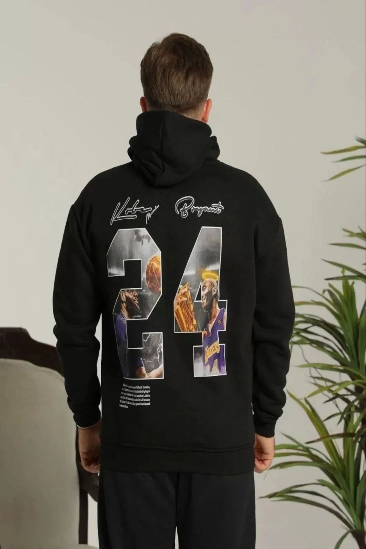 SH WEAR STORE Hanorac Supradimensionat Pentru Bărbați Cu Glugă - Imprimat Negru Cu Trei Fire Unisex - M