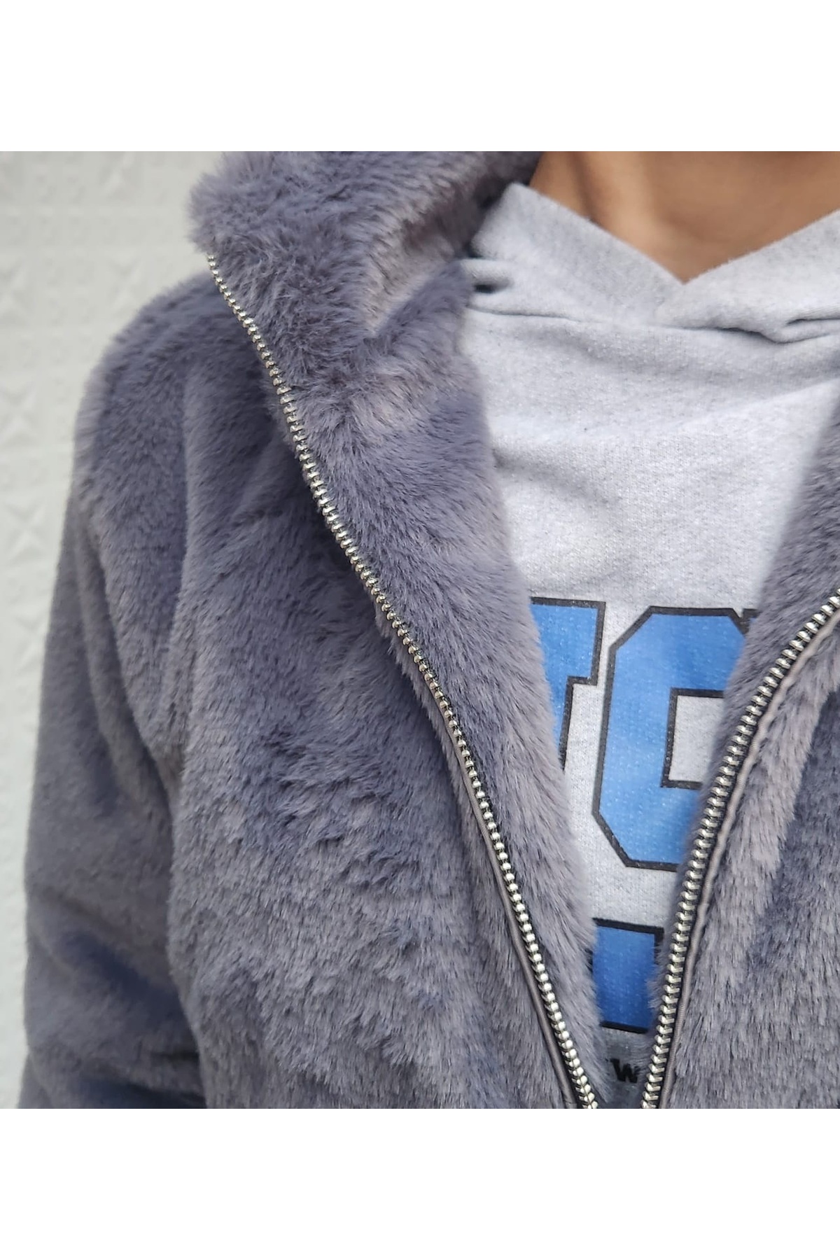 TwillCollection  Gri Fermuarlı Kadın Kürk Mont - Görsel 3