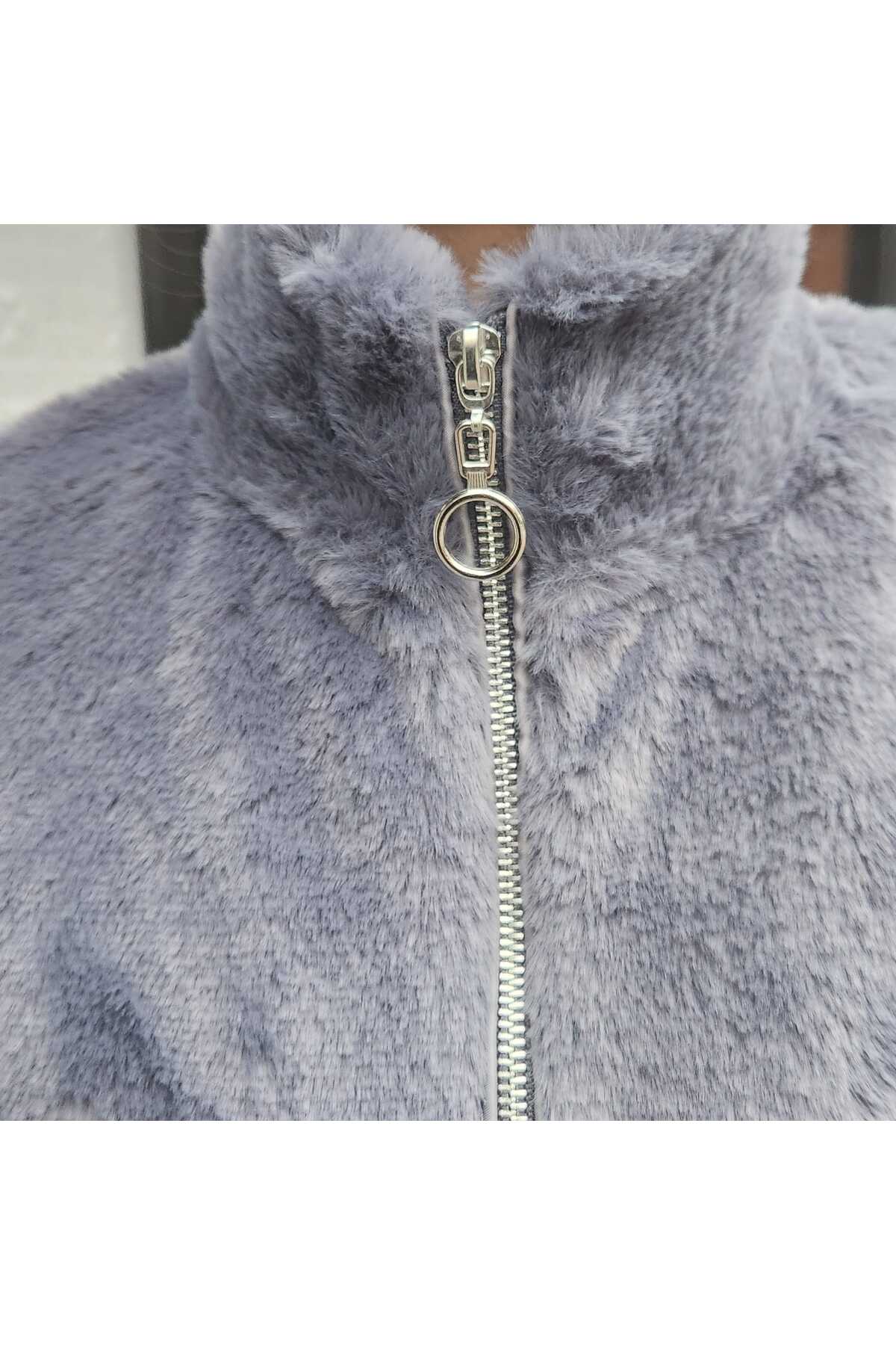 TwillCollection  Gri Fermuarlı Kadın Kürk Mont - Görsel 2
