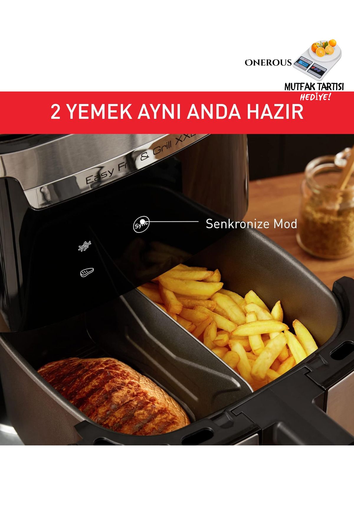 TEFAL 2'si 1 Arada Fritöz & Izgara Yağsız Airfryer, Xxl 6.5 Litre Geniş Kapasite, Çift Bölme Aparatlı