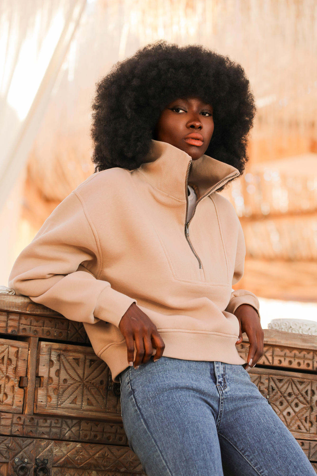 Whish  Alegre Sand Loose Fit Yarım Crop Fermuarlı Sweatshirt - Görsel 5