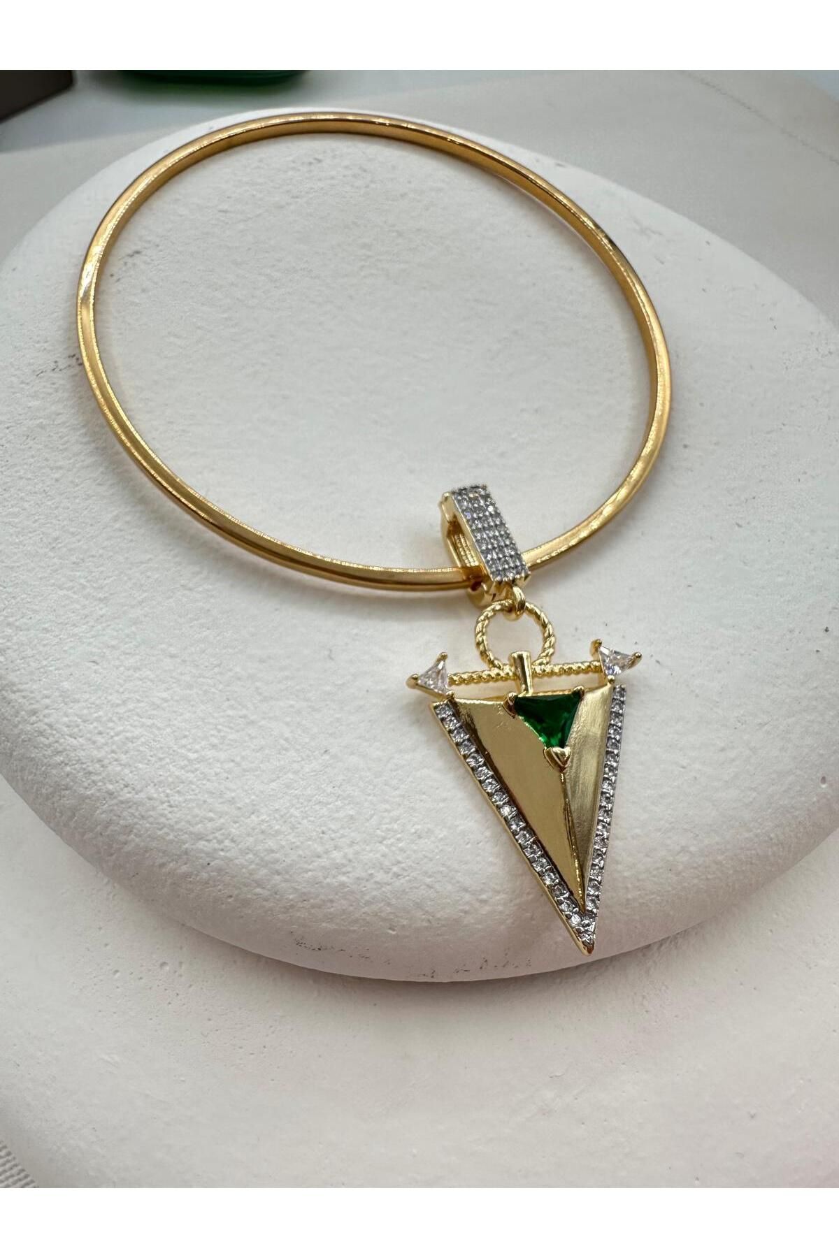 Jerie-Green Stone Detailed - Gold Triangle Ajda Bracelet & Necklace Charm 1