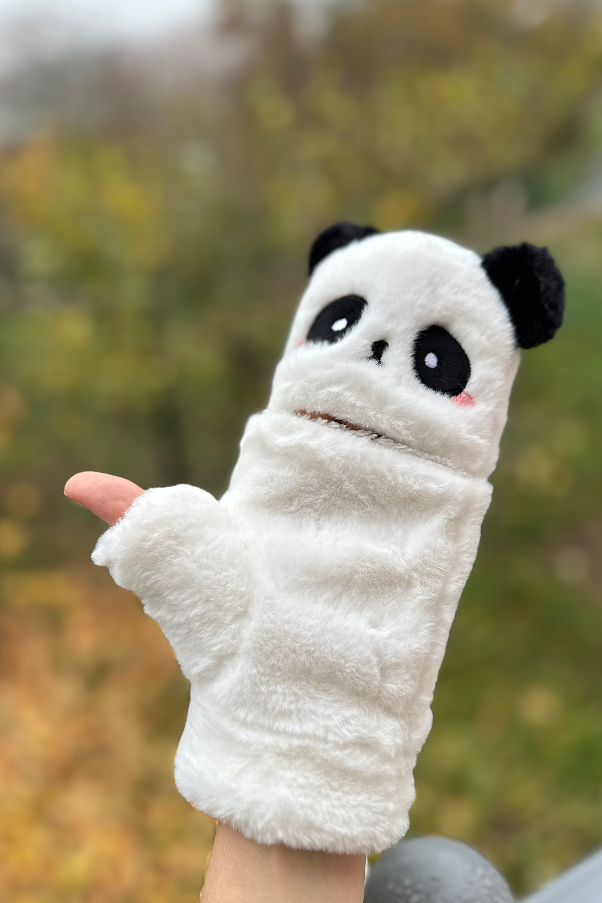 novon Sevimli Panda İçi Polar Parmaksız Açılıp Kapanabilen Peluş Eldiven görsel 7