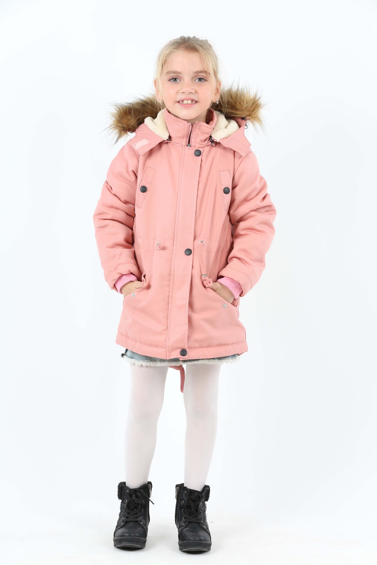 Girl Water Repellent Hooded Gabardine Coat with Zipper Snap Closure Pocket