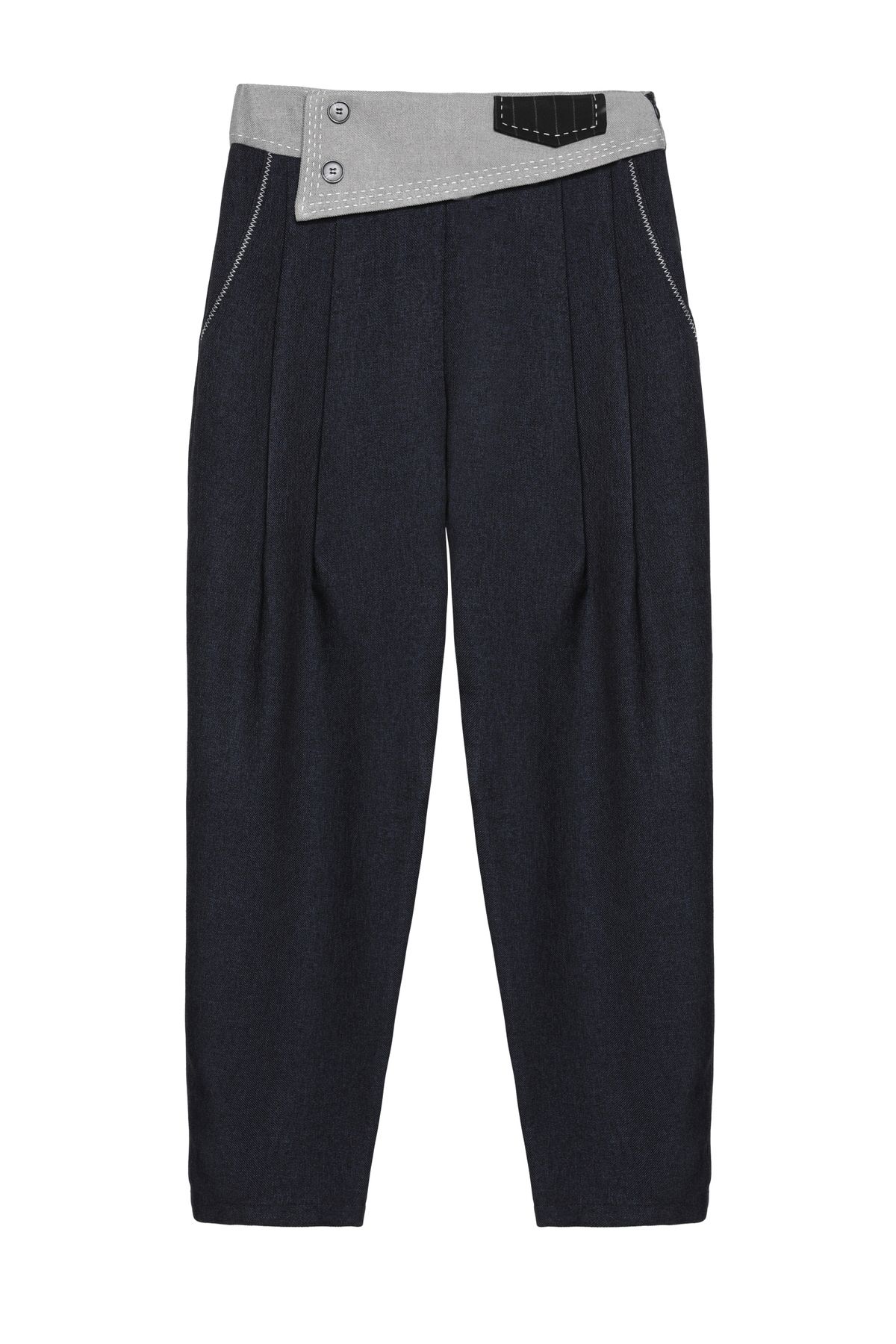 Quzu-Waist Detailed Stitched Trousers Navy Blue 2