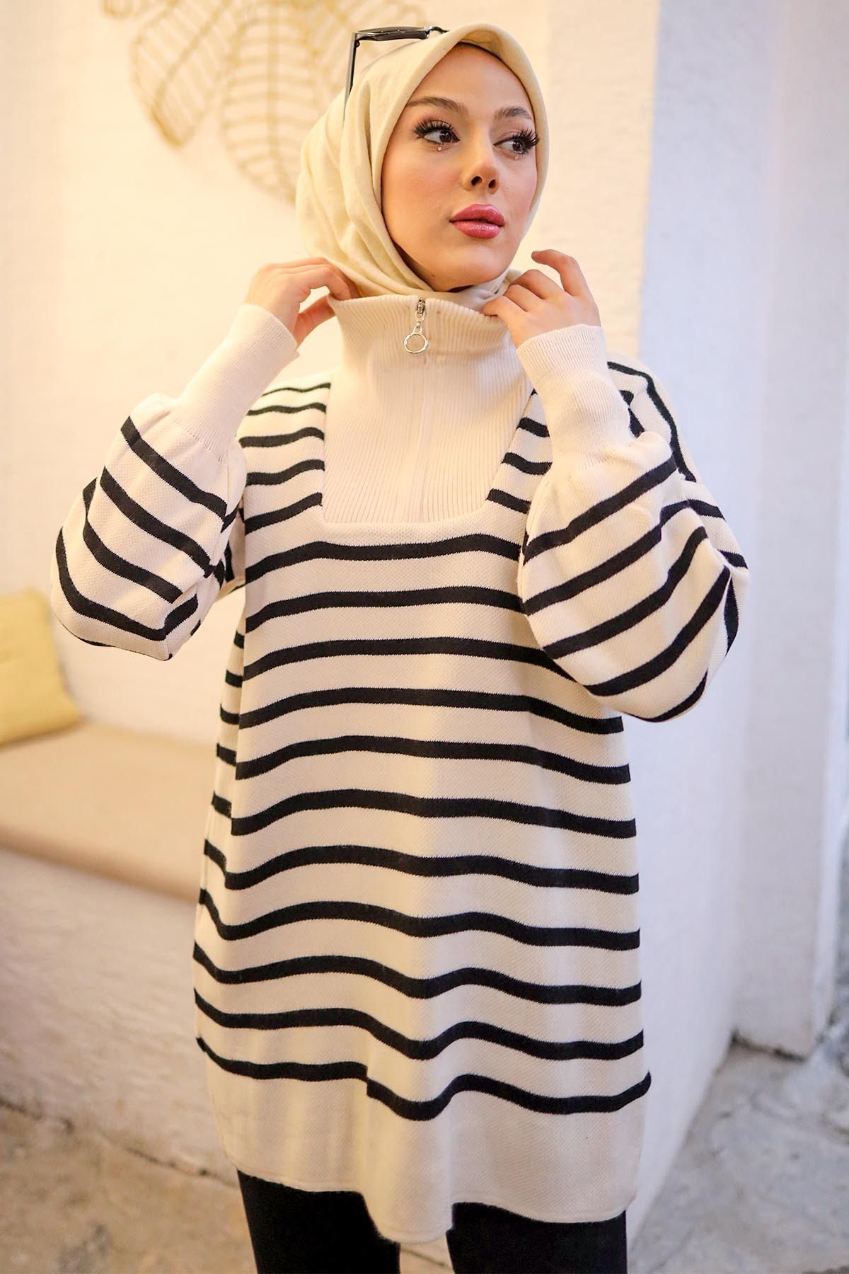 İmajButik-Cream Collar Zippered Striped Knitwear Sweater 7