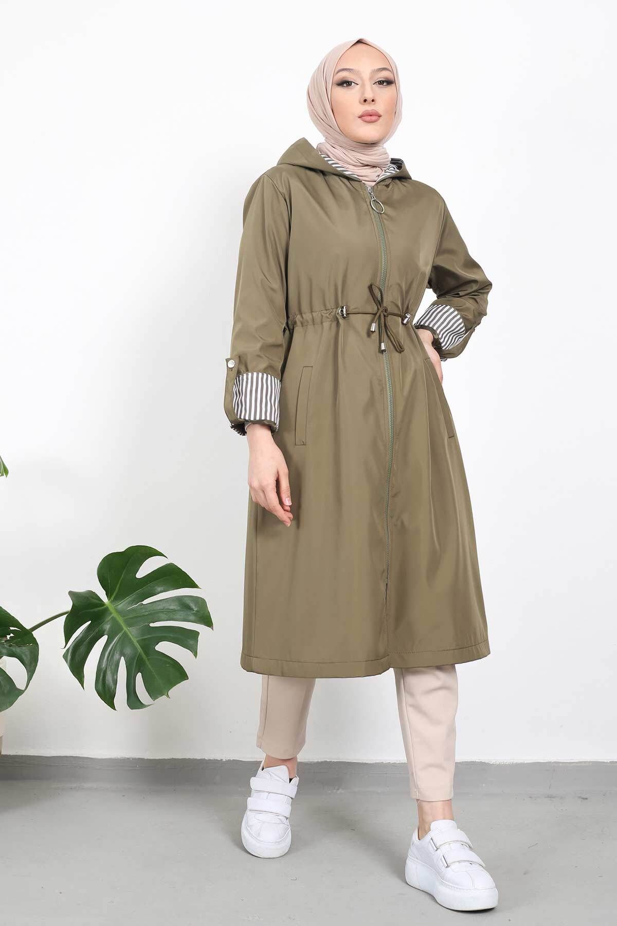 İmajButik-Khaki Waist Gathered Hooded Hijab Trench Coat 1