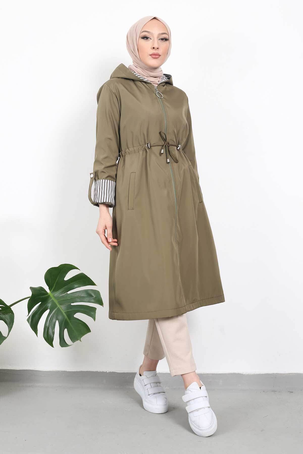 İmajButik-Khaki Waist Gathered Hooded Hijab Trench Coat 3