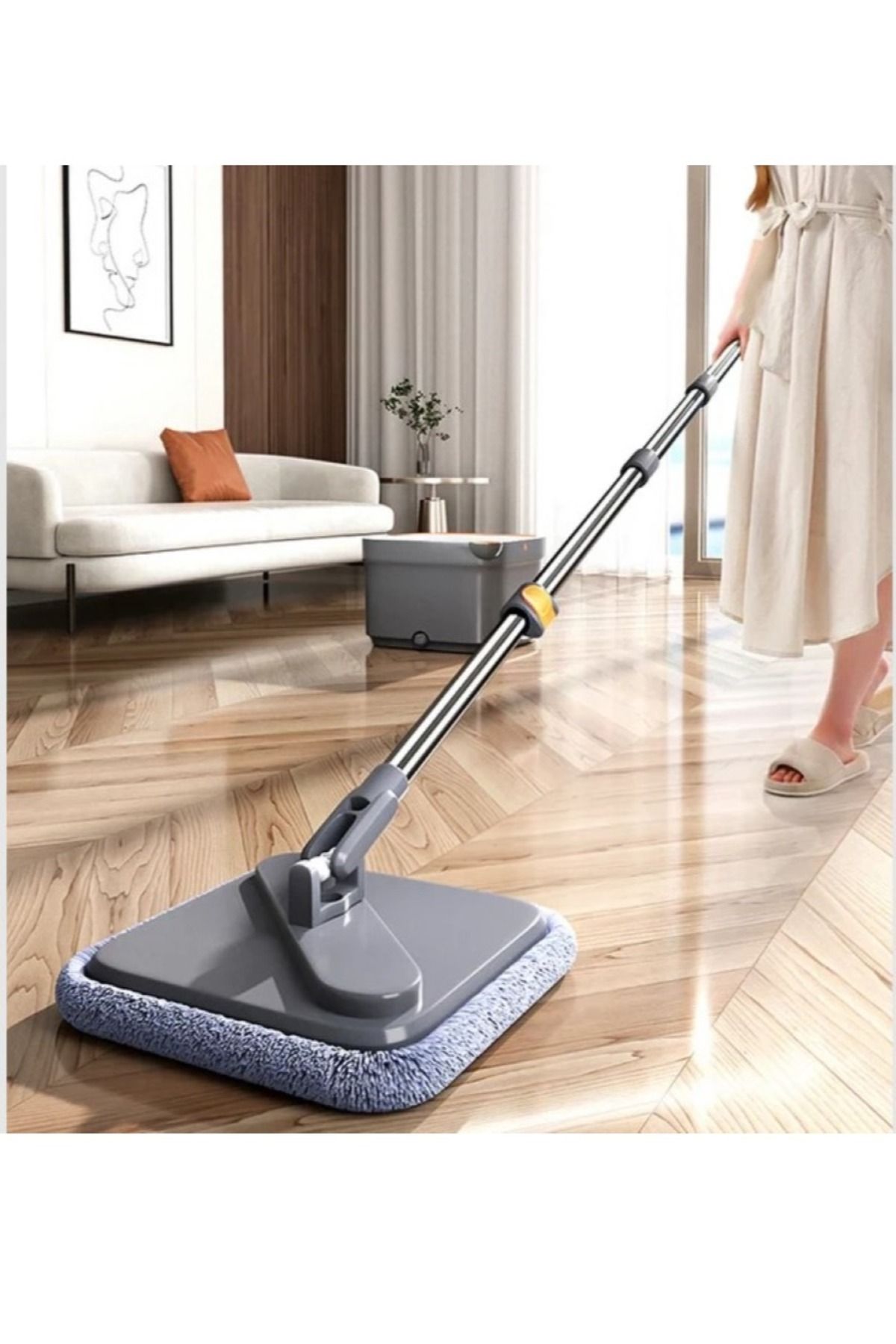 ALMUFARREJ-Rotary Squeeze Mop and Bucket Microfiber Mop Pads Hand Free Wringing Floor Clean Mop with 2 Pads 3