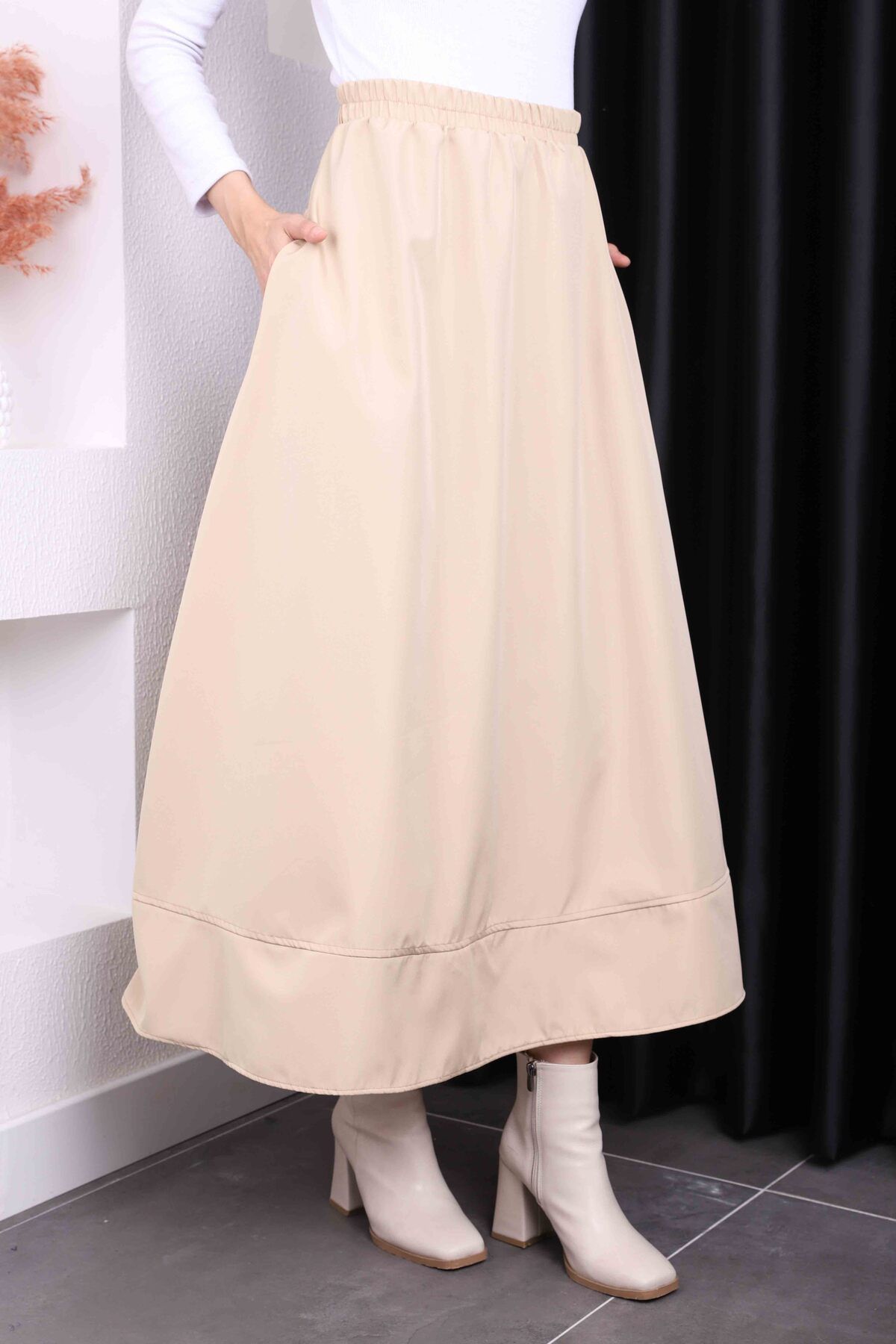 İmajButik-Beige Pocketed Elastic Waist Flared Bondit Skirt 3