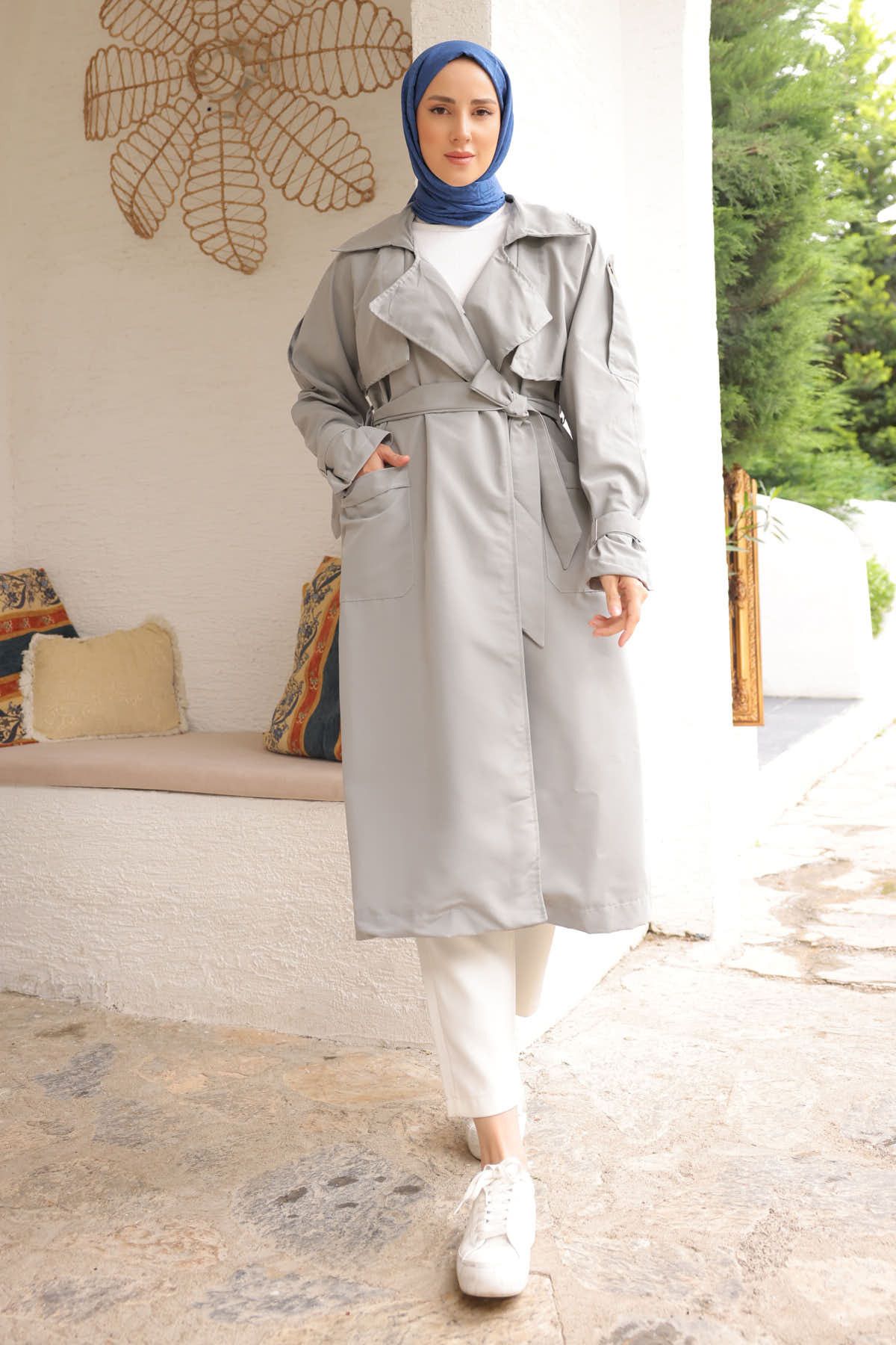 İmajButik-Grey Double-breasted Collar Sleeve Shoulder Epaulette Trench Coat 1