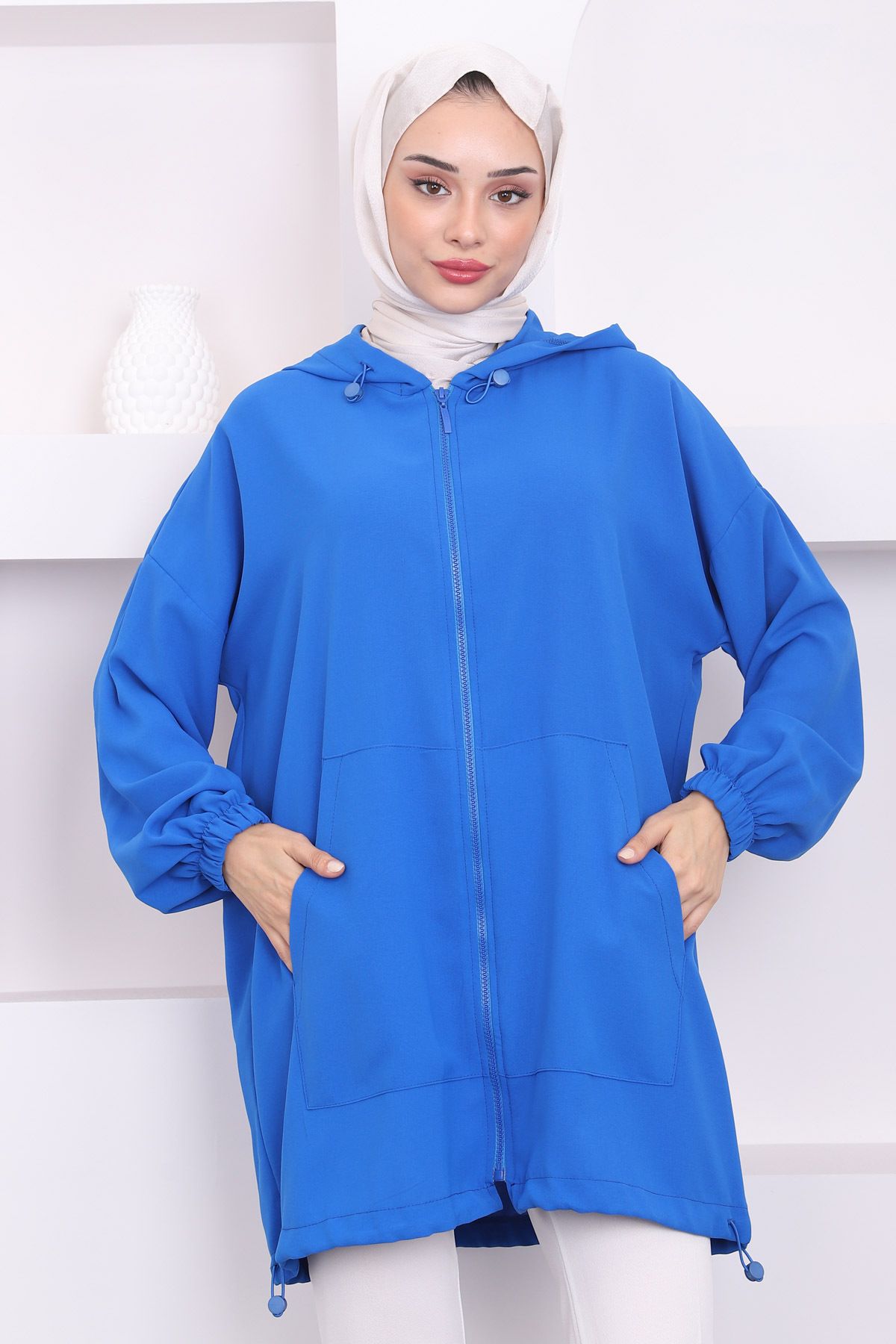 İmajButik-Hooded Saks Blue Pocket Jacket 3