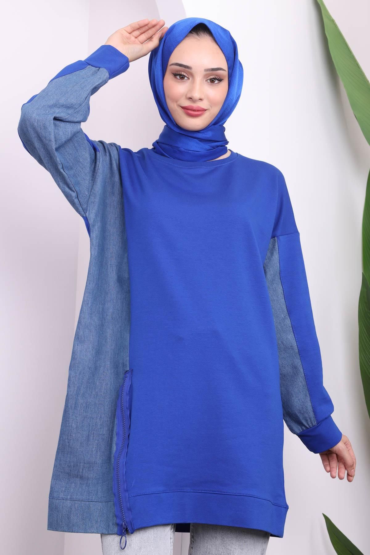 İmajButik-Saks Blue Denim Detailed Zippered Tunic 2