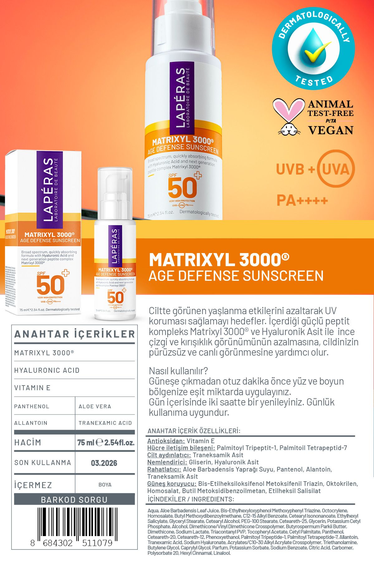 ضدآفتاب صورت LAPERAS Matrixyl 3000® Peptides Spf 50 Plumping Revitalizing Hyaluronic Vegan Facial 75ml