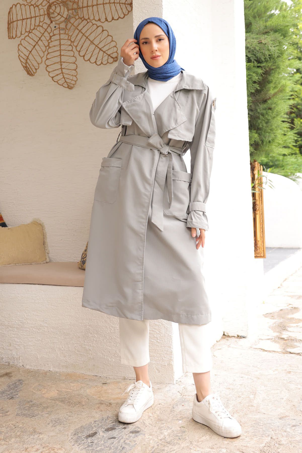 İmajButik-Grey Double-breasted Collar Sleeve Shoulder Epaulette Trench Coat 2