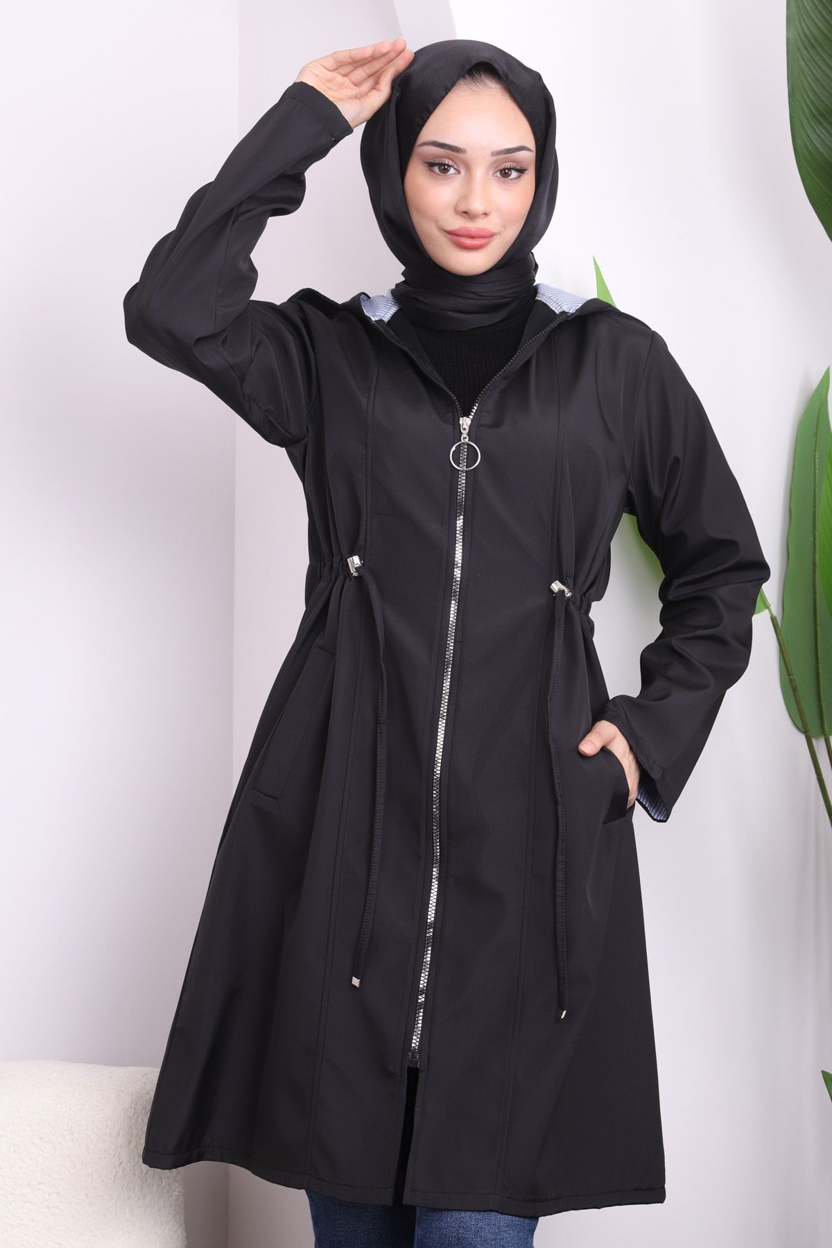 İmajButik-Black Pocketed Hooded Trench Coat 4