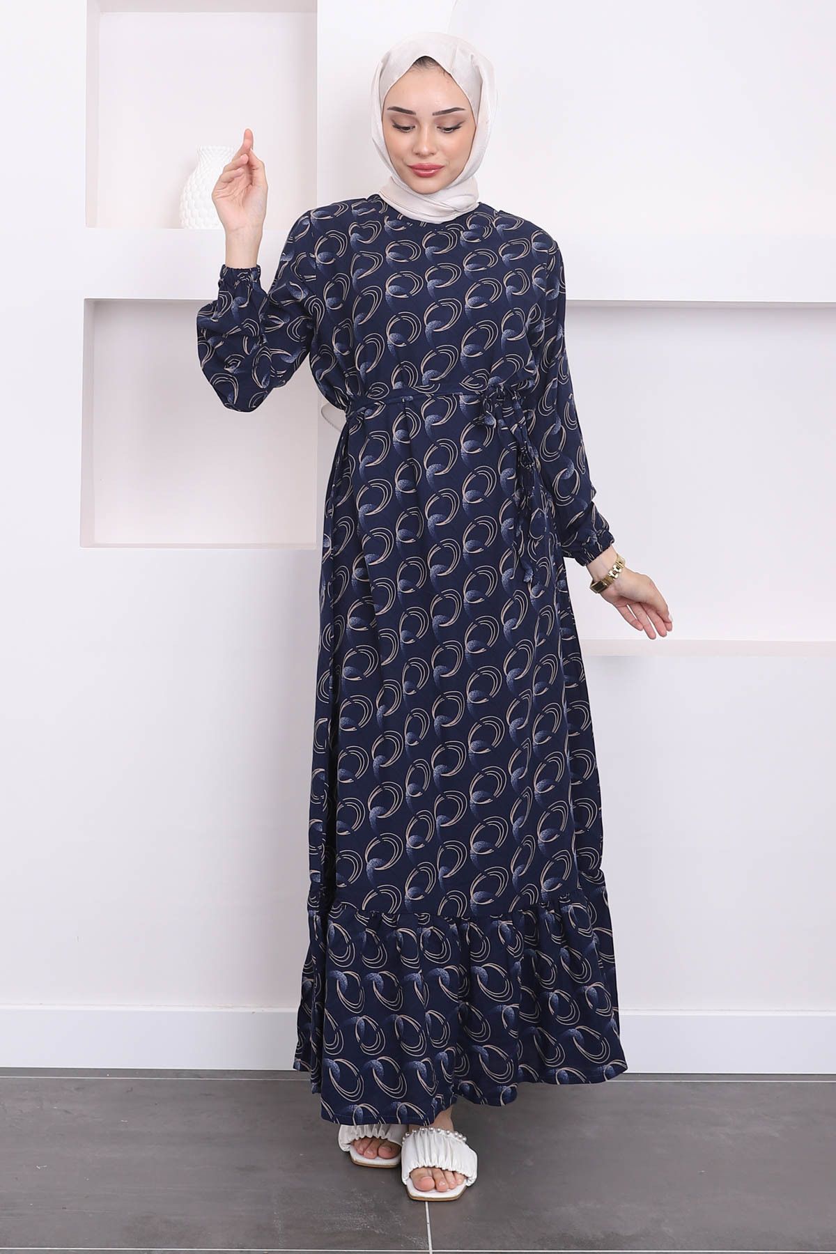 İmajButik-Navy Blue Viscose Dress with Layered Skirt - Patterned 2