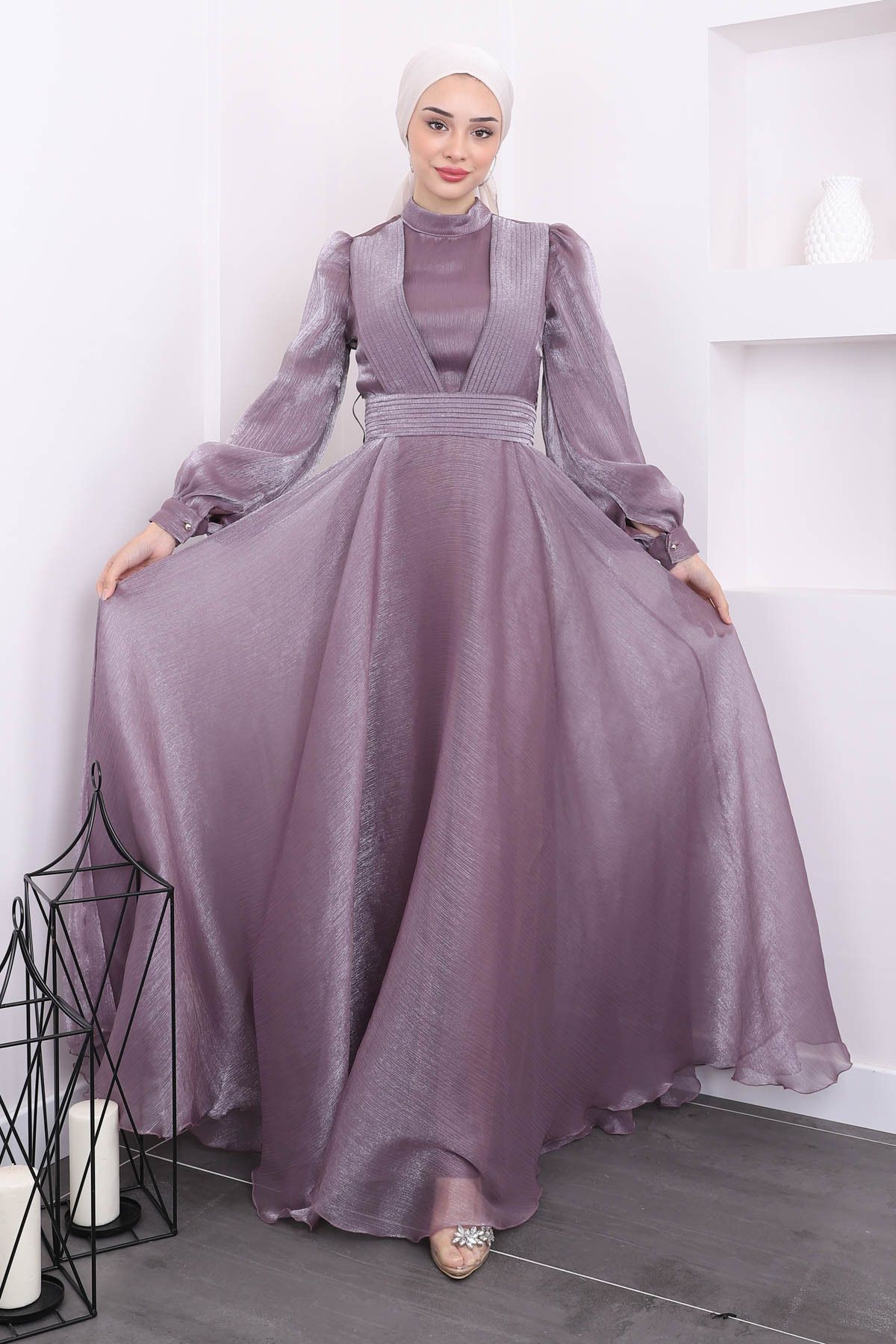 İmajButik-Lilac Neckline Waist Pleated Evening Dress 1