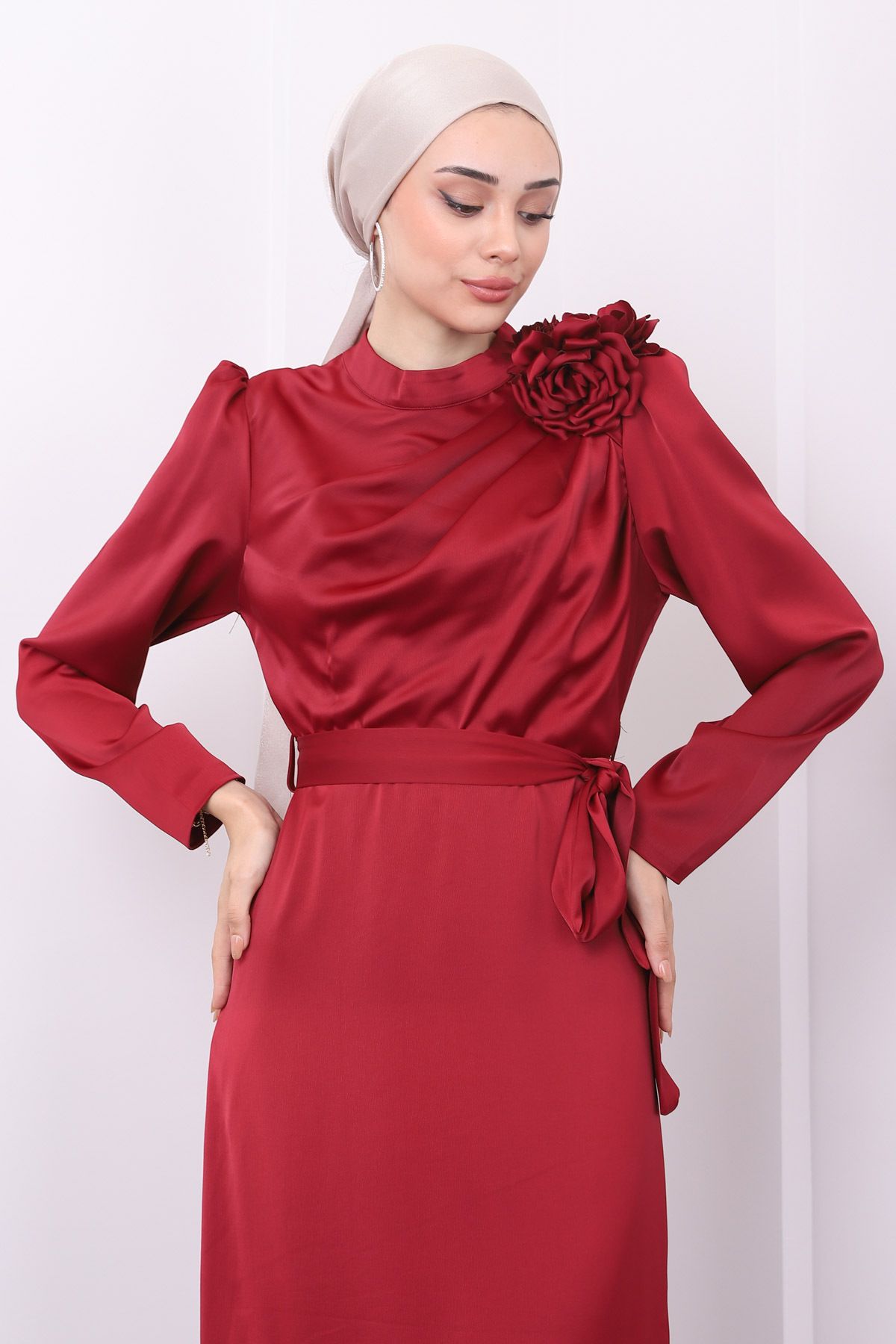 İmajButik-Rochie de seara din satin burgundy cu detaliu bronz 4