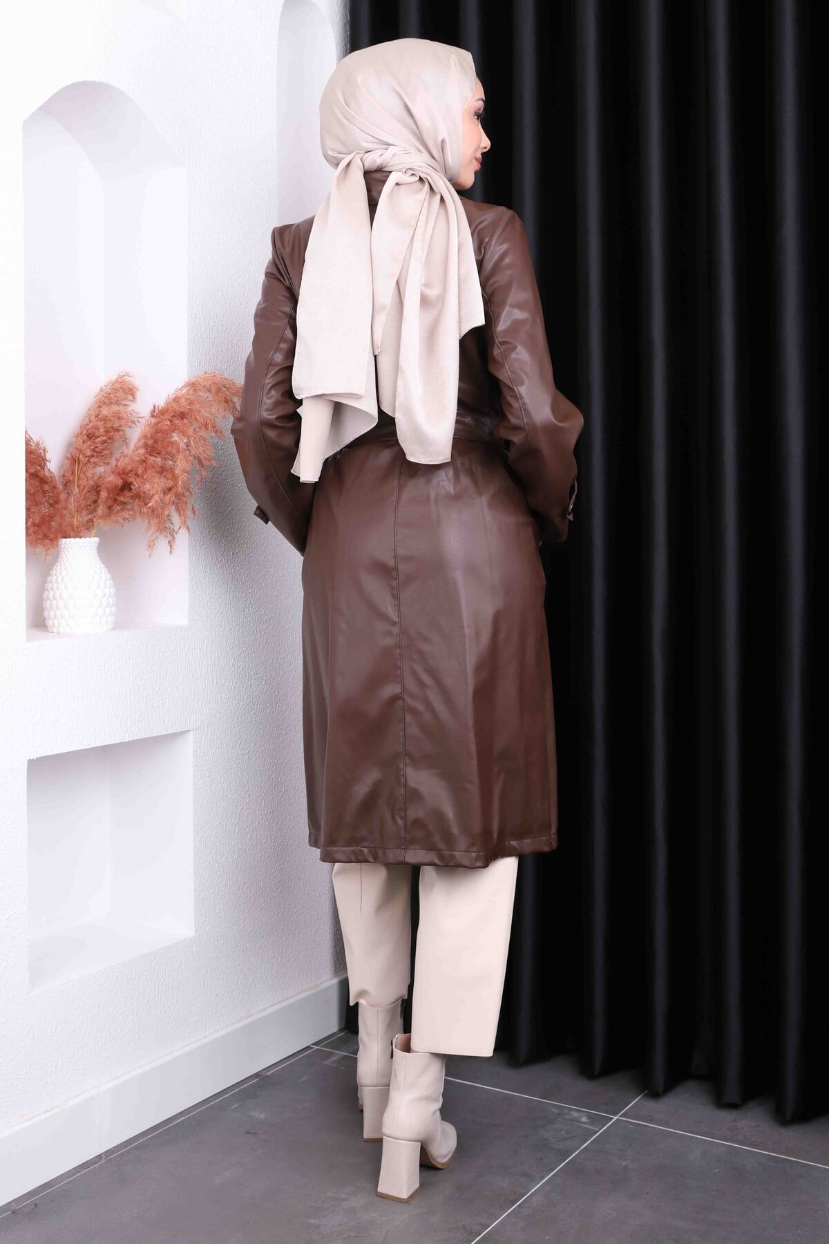 İmajButik-Brown Waist Belted Leather Trench with Pockets 5