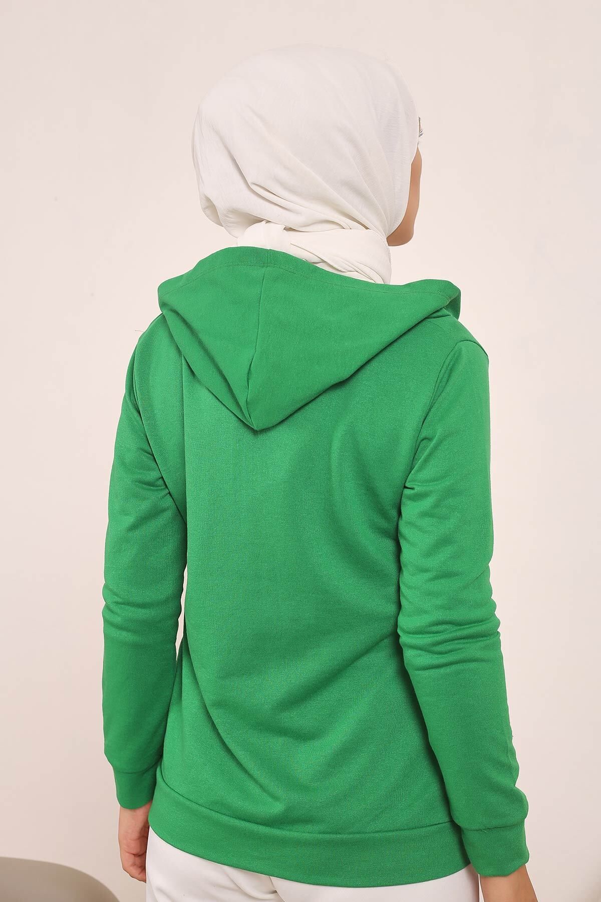 İmajButik-Green Hooded Sweatshirt Cardigan with Front Zipper Pocket 4