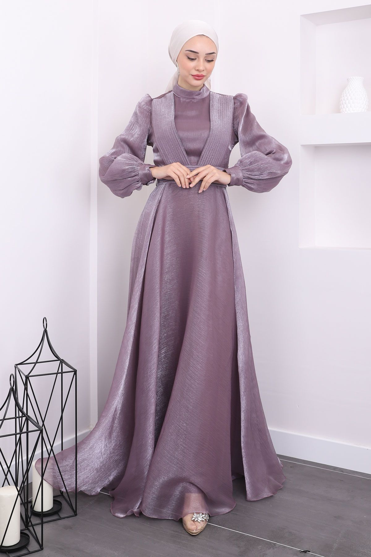 İmajButik-Lilac Neckline Waist Pleated Evening Dress 2