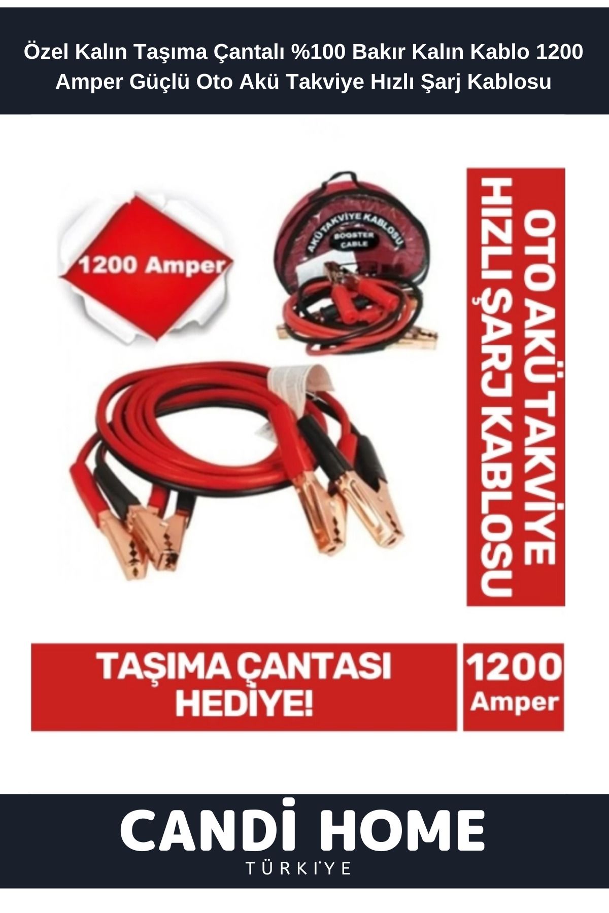 HOBİ CONDİ Premium Taşıma Çantasıyla %100 Bakır Kalın Kablo 1200 Amper Güçlü Oto Akü Takviye Hızlı Şarj Kablosu