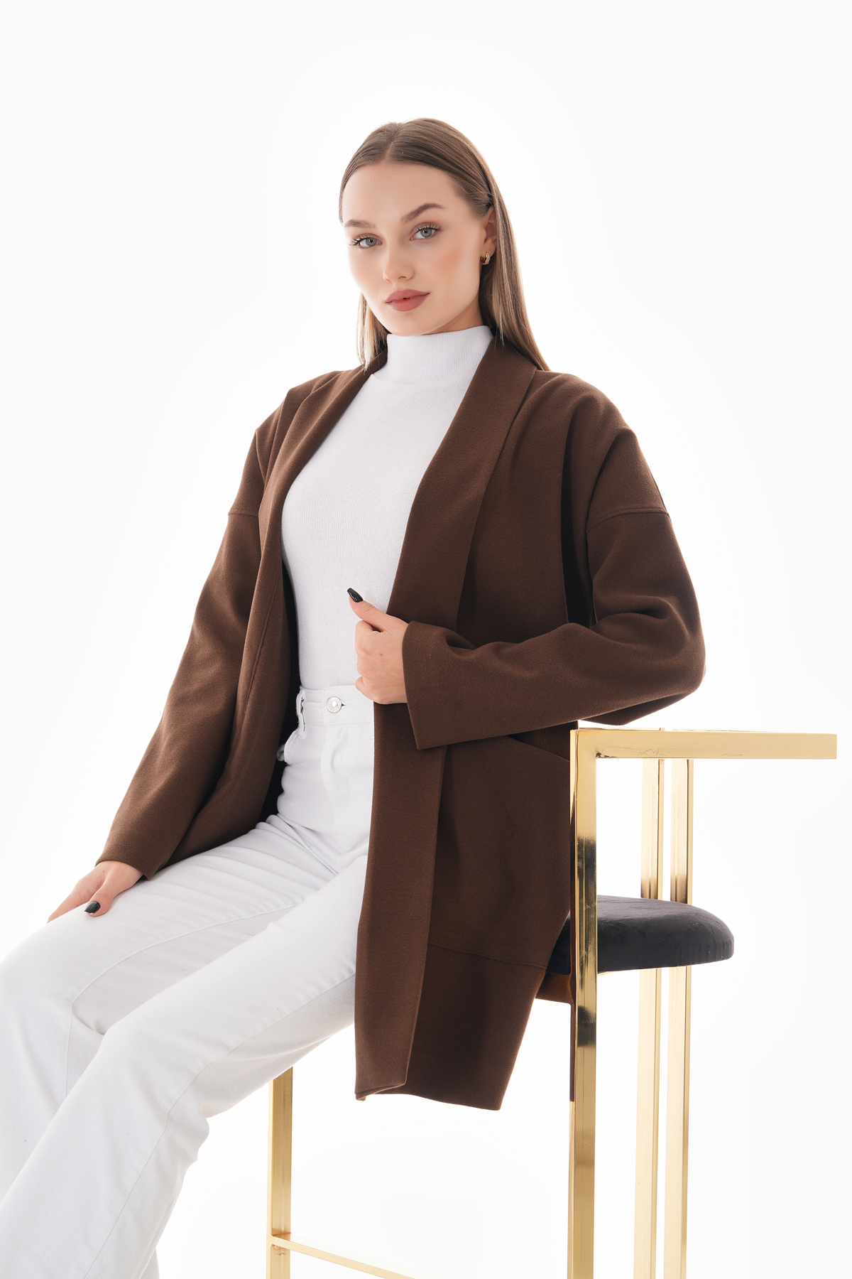Kahverengi Kışlık Günlük Oversize Standart Kısa Kaliteli Kaşe Kaban 36-44 Beden — قهوه‌ای 515 — تصویر 5 از 9