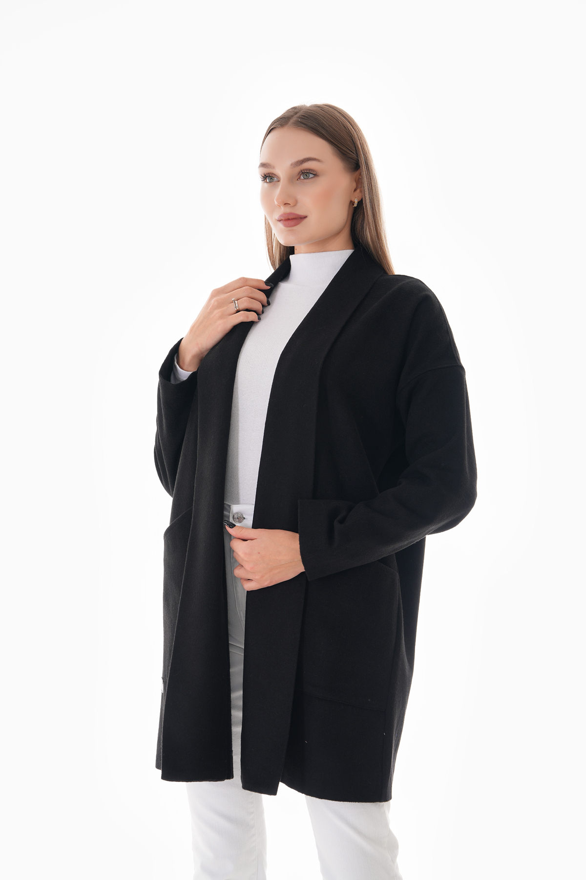 Siyah Kışlık Günlük Oversize Standart Kısa Kaliteli Kaşe Kaban 36-44 Beden — مشکی 515 — تصویر 5 از 9