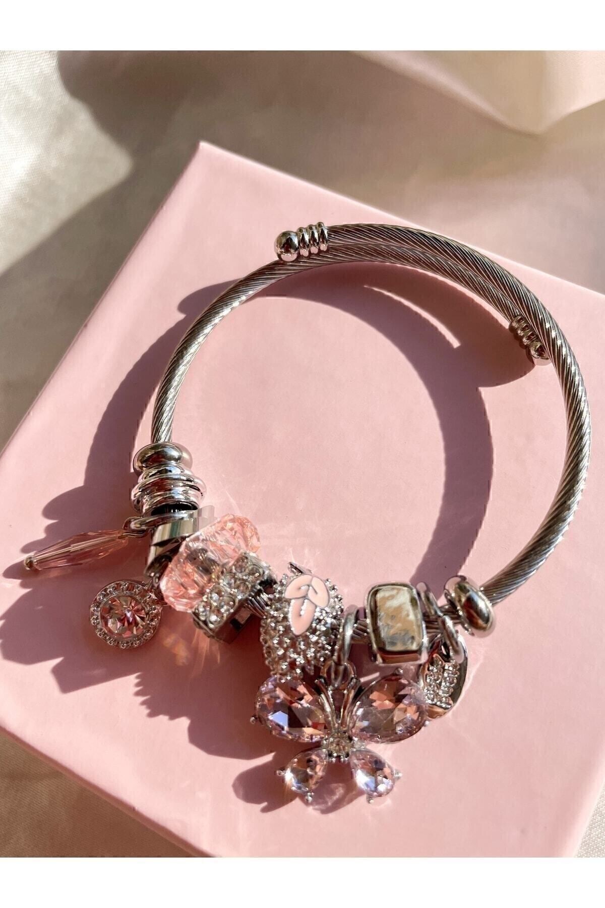 X-Lady Accessories Gümüş Renk Kristal Pembe Kelebek Charmlı Çelik Bileklik -  3190