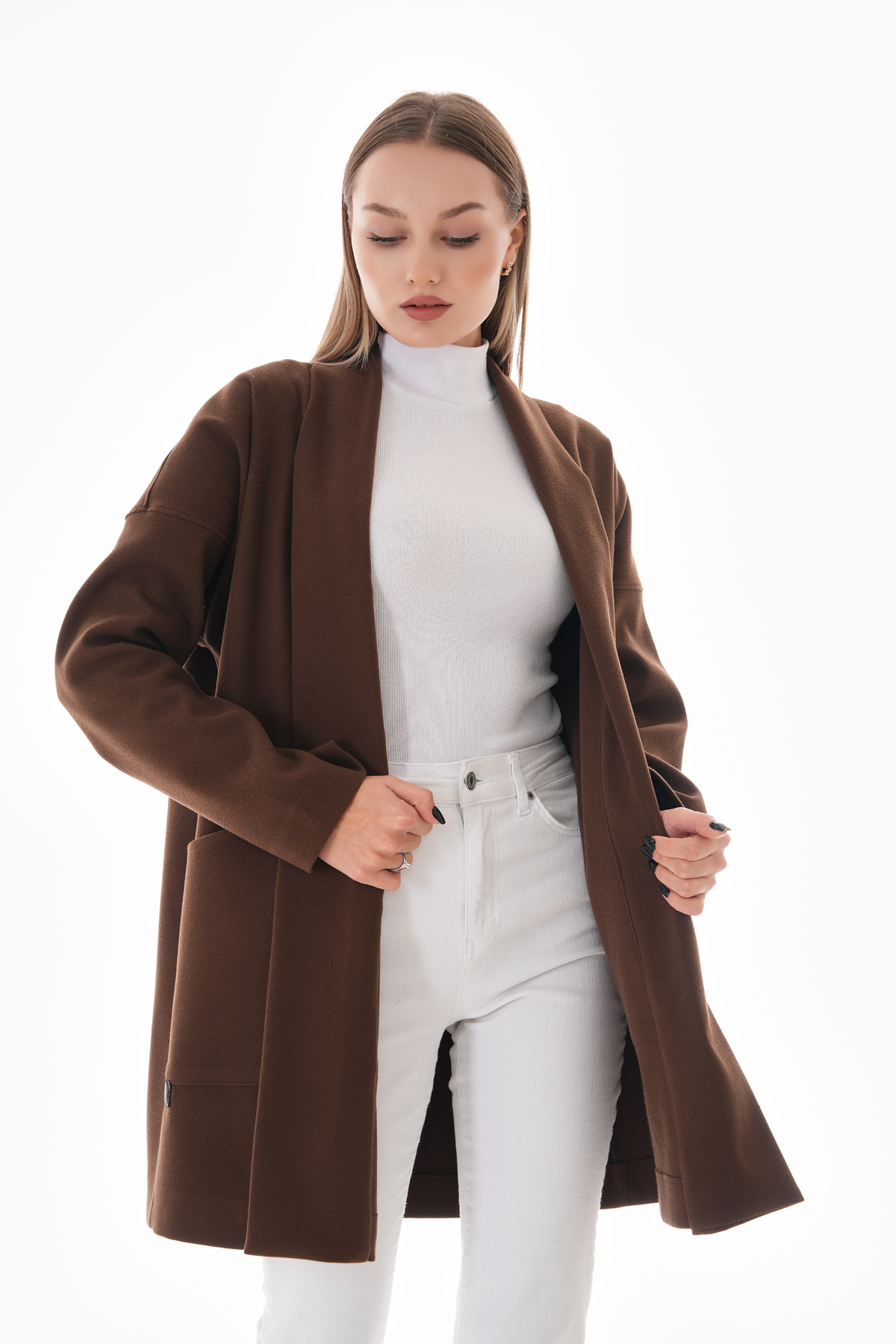 Kahverengi Kışlık Günlük Oversize Standart Kısa Kaliteli Kaşe Kaban 36-44 Beden — قهوه‌ای 515 — تصویر 3 از 9