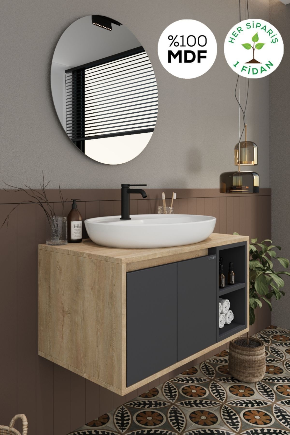 BALNEOM Gül 70 Cm Demonte Lavabolu Banyo Dolabı Ayna Alt Dolap Lavabo